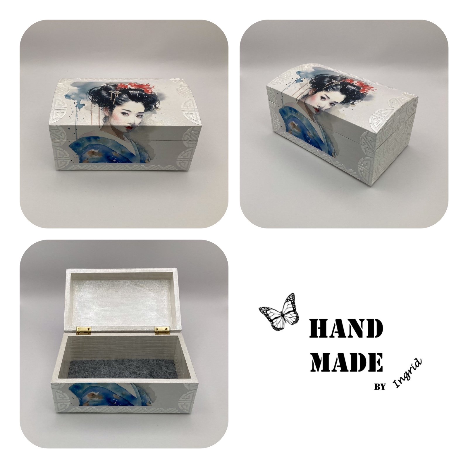 Handgedecoreerd kistje ‘Asian Beauty 2’ voor interieur of cadeau - 84185 Handgedecoreerde houten sieradendoos ‘Asian Lady’