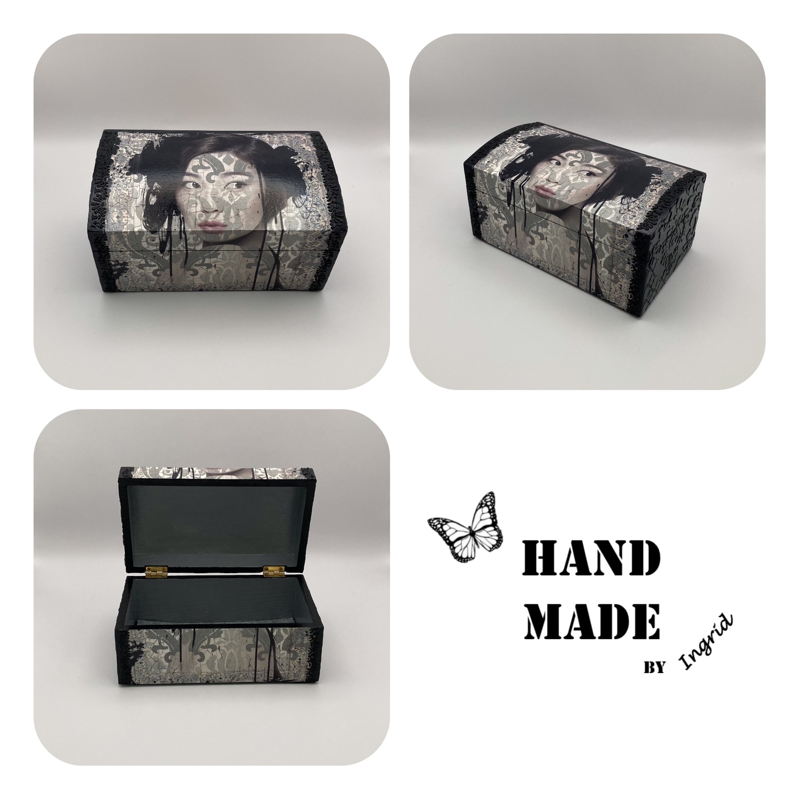 Handgedecoreerd kistje ‘Beauty in Black, White and Grey’ voor in… - 86011 Handgedecoreerde houten sieradendoos ‘Beauty in Black, White and Grey’