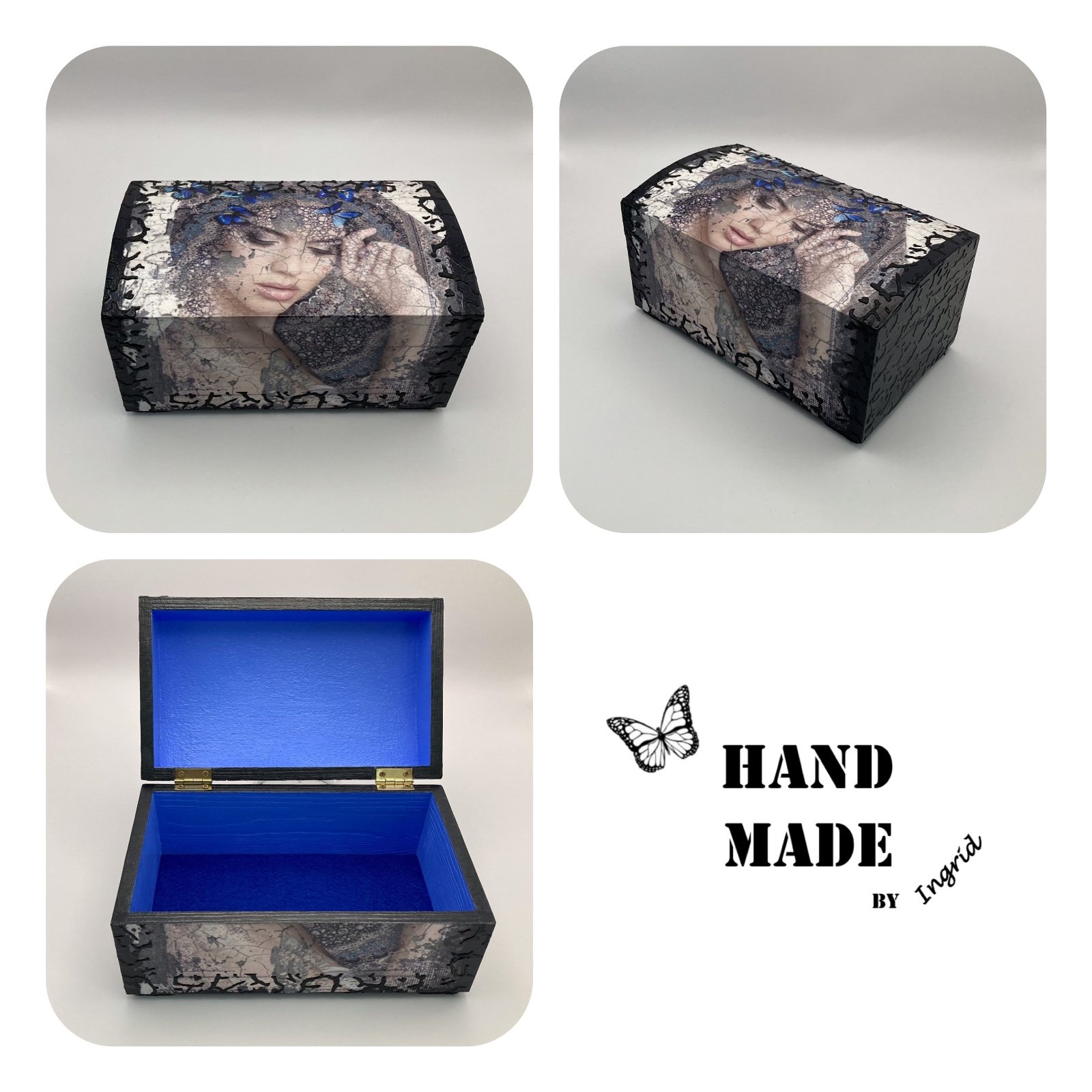 Handgedecoreerd kistje ‘Blue Butterflies’ voor interieur of cadeau - 84092 Handgedecoreerde houten sieradendoos ‘Blue Butterflies’