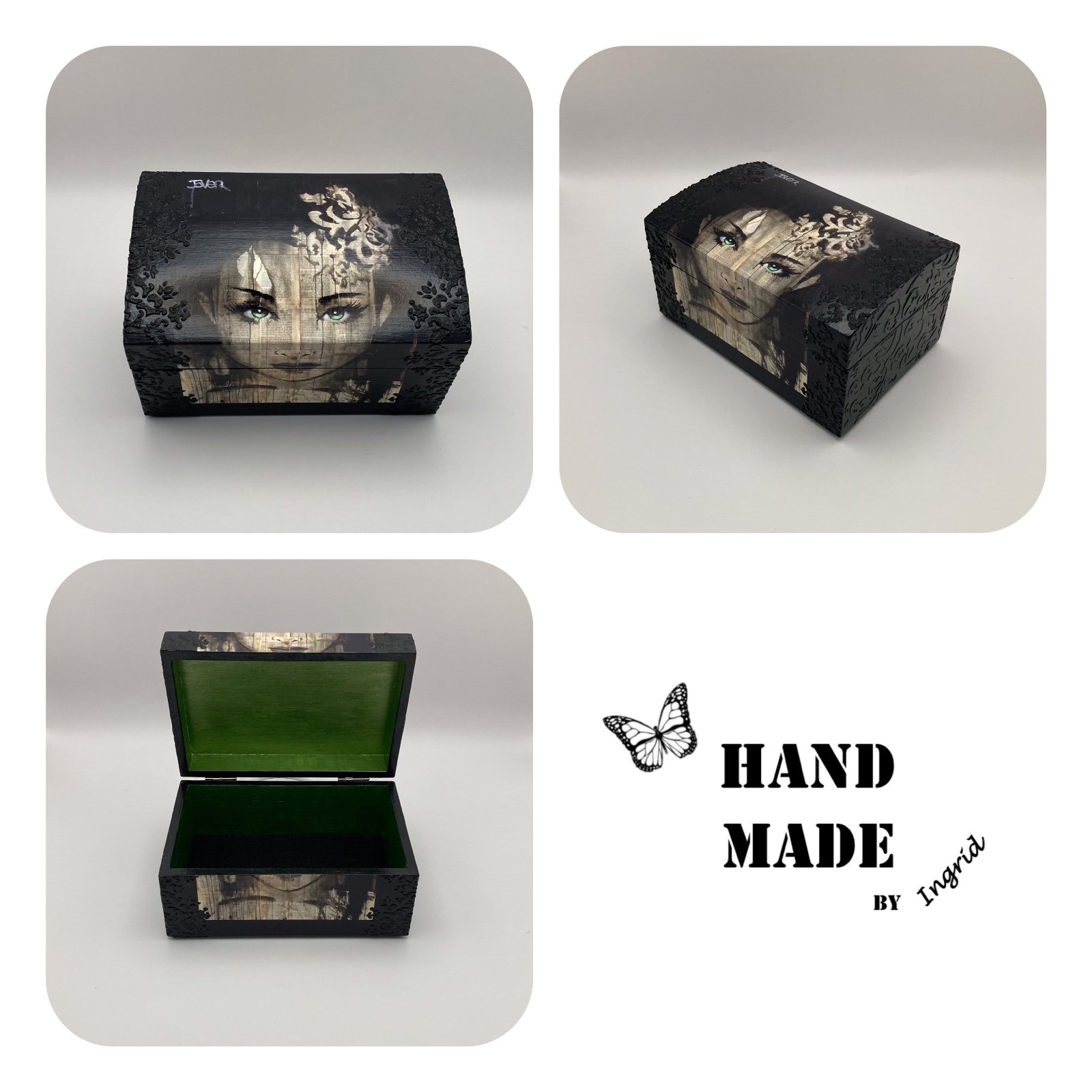 Handgedecoreerde bamboe sieradendoos ‘Green Eyed Girl’