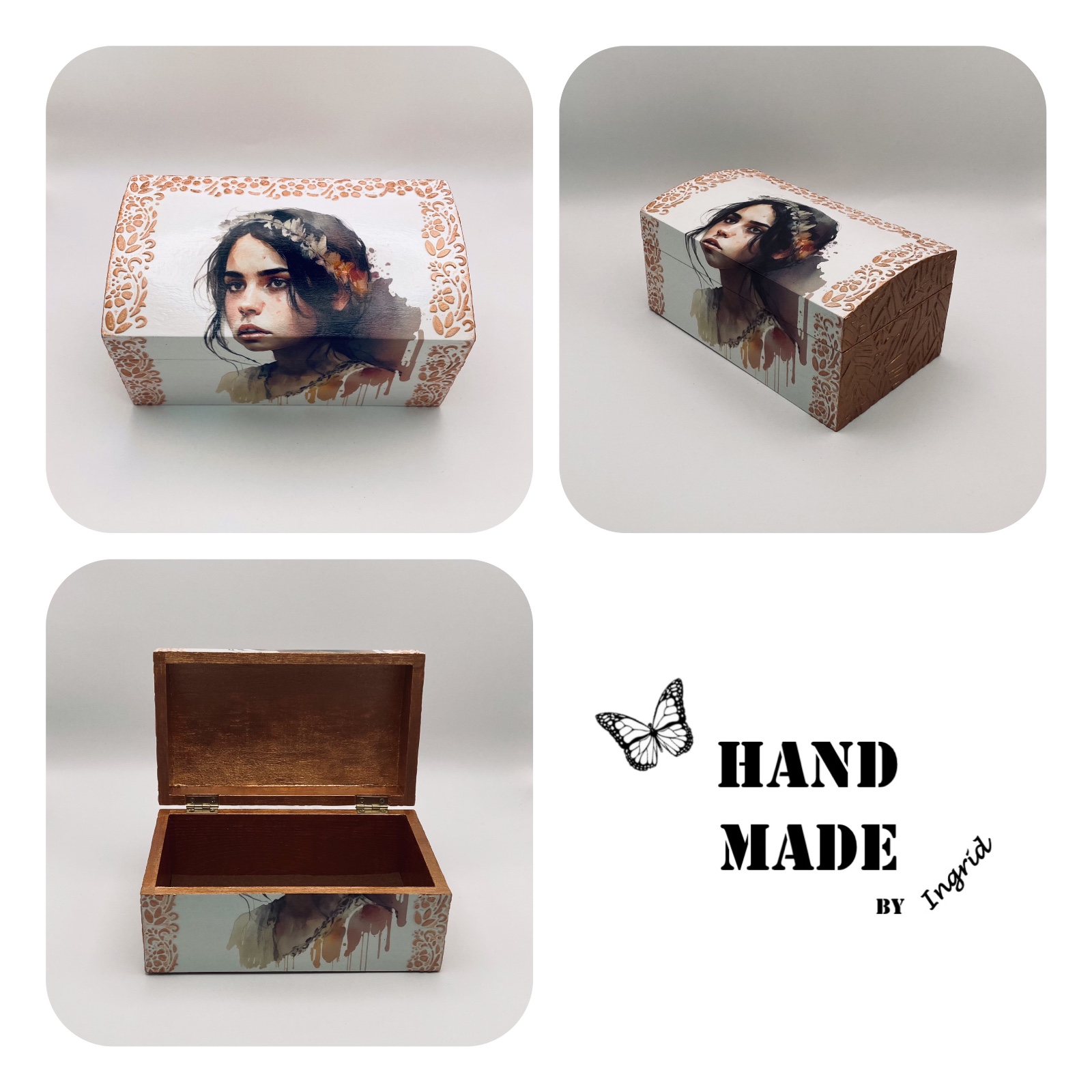 Handgedecoreerd kistje ‘Hobo Girl’ voor interieur of cadeau - 85092 Handgedecoreerde houten sieradendoos ‘Hobo Girl’