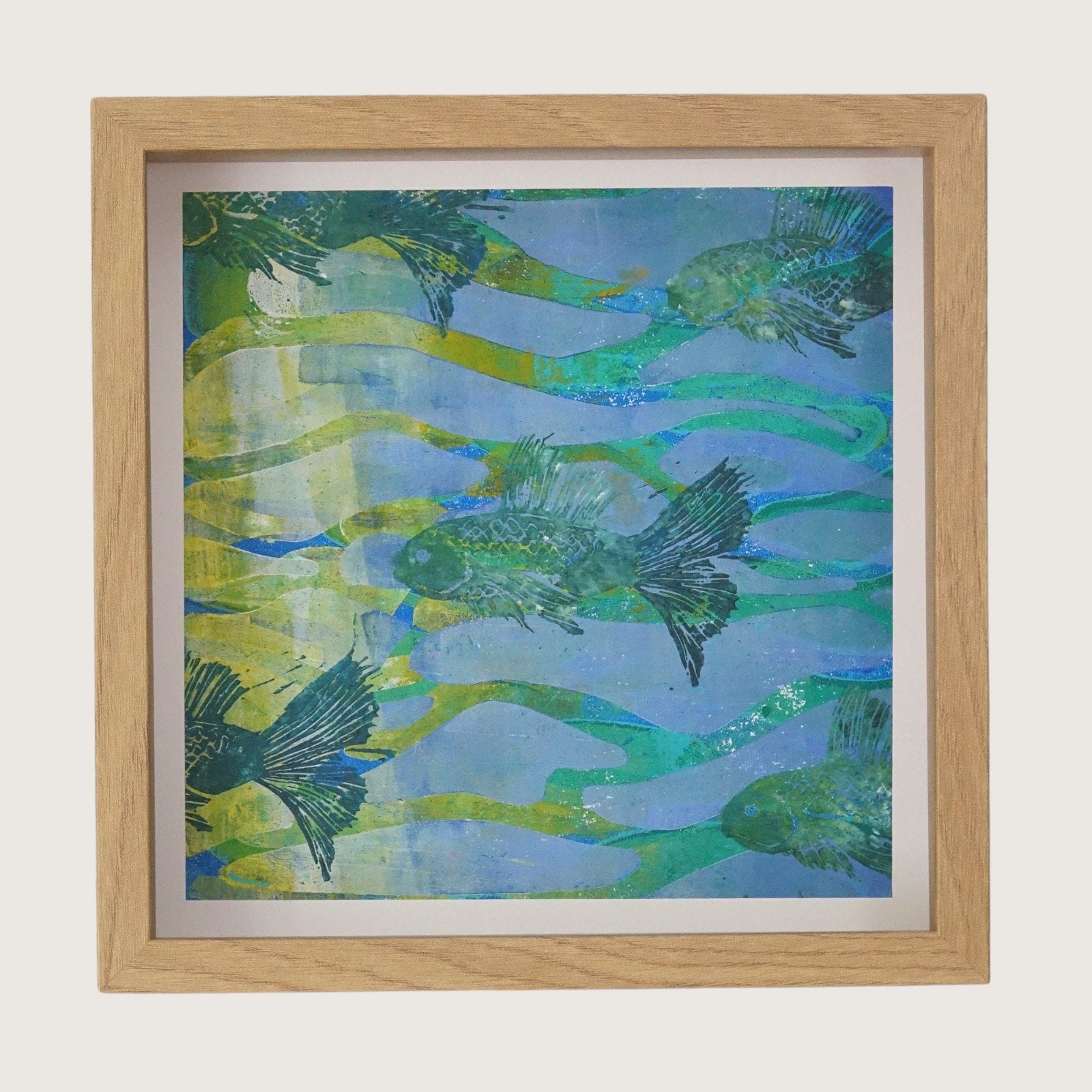 Handgeprinte linoprint vissen, 30 x30 0nderwaterkunst en diepzee tinten
