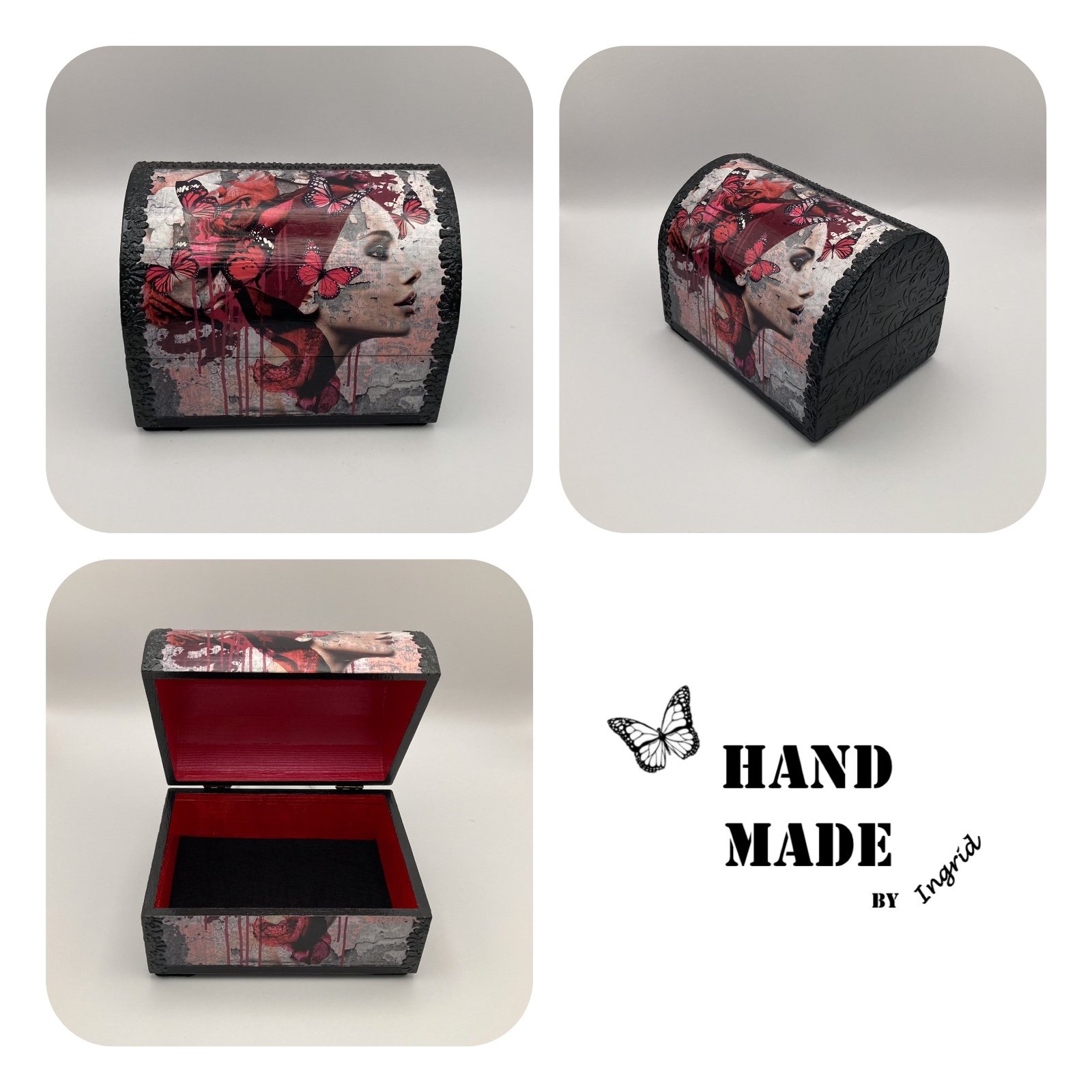 Schatkistje ‘Veil of Scarlet Dreams’ voor interieur of cadeau - 85960 Handgedecoreerde houten sieradendoos ‘Veil of Scarlet Dreams’