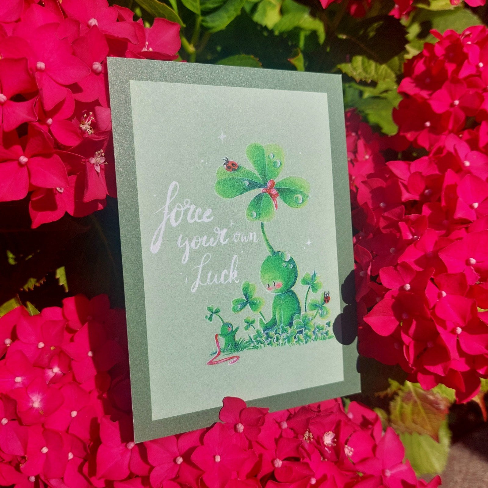 Wens kaart verjaardag A6 Force your own luck klavertje vier