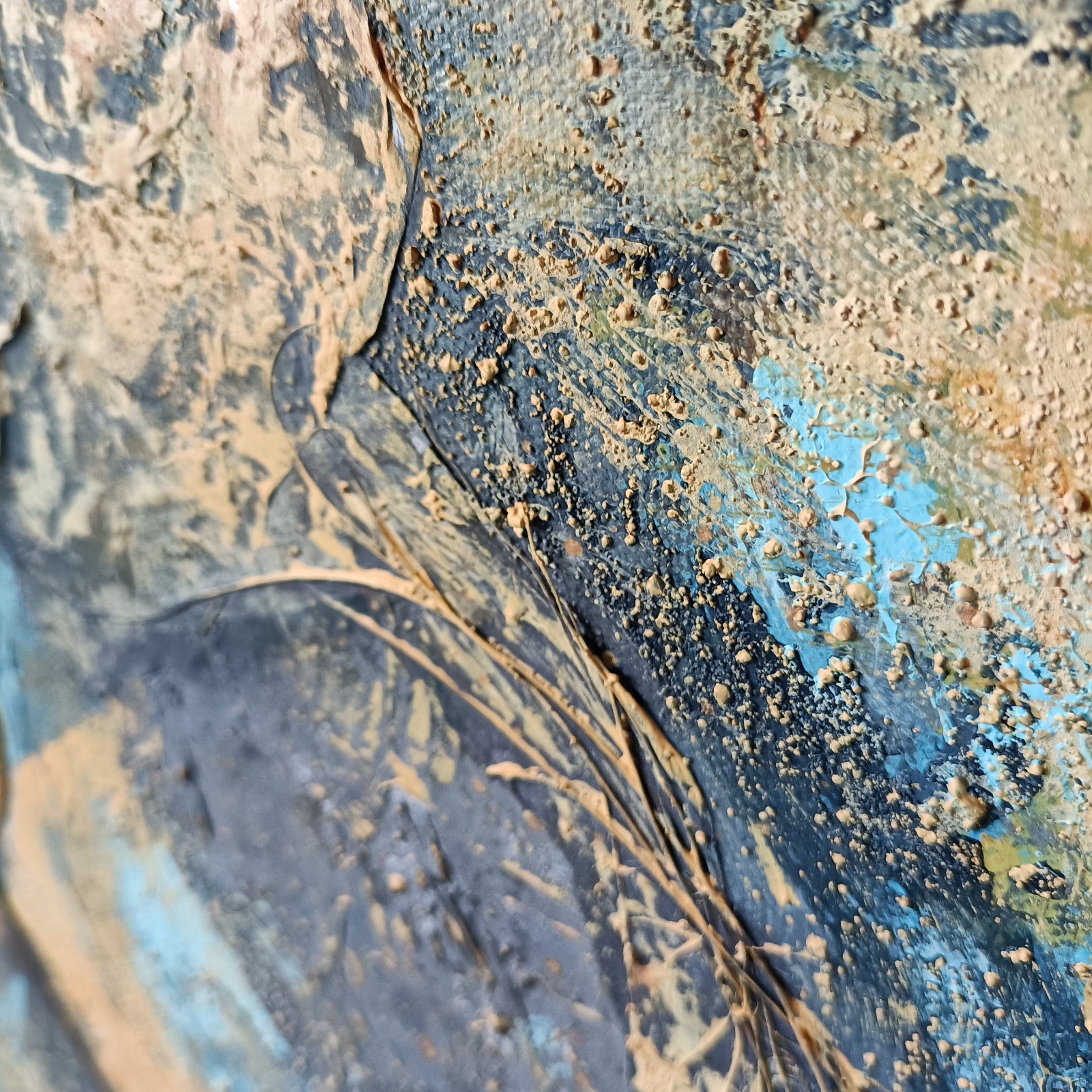 Abstract mixed media schilderij - blauw geel