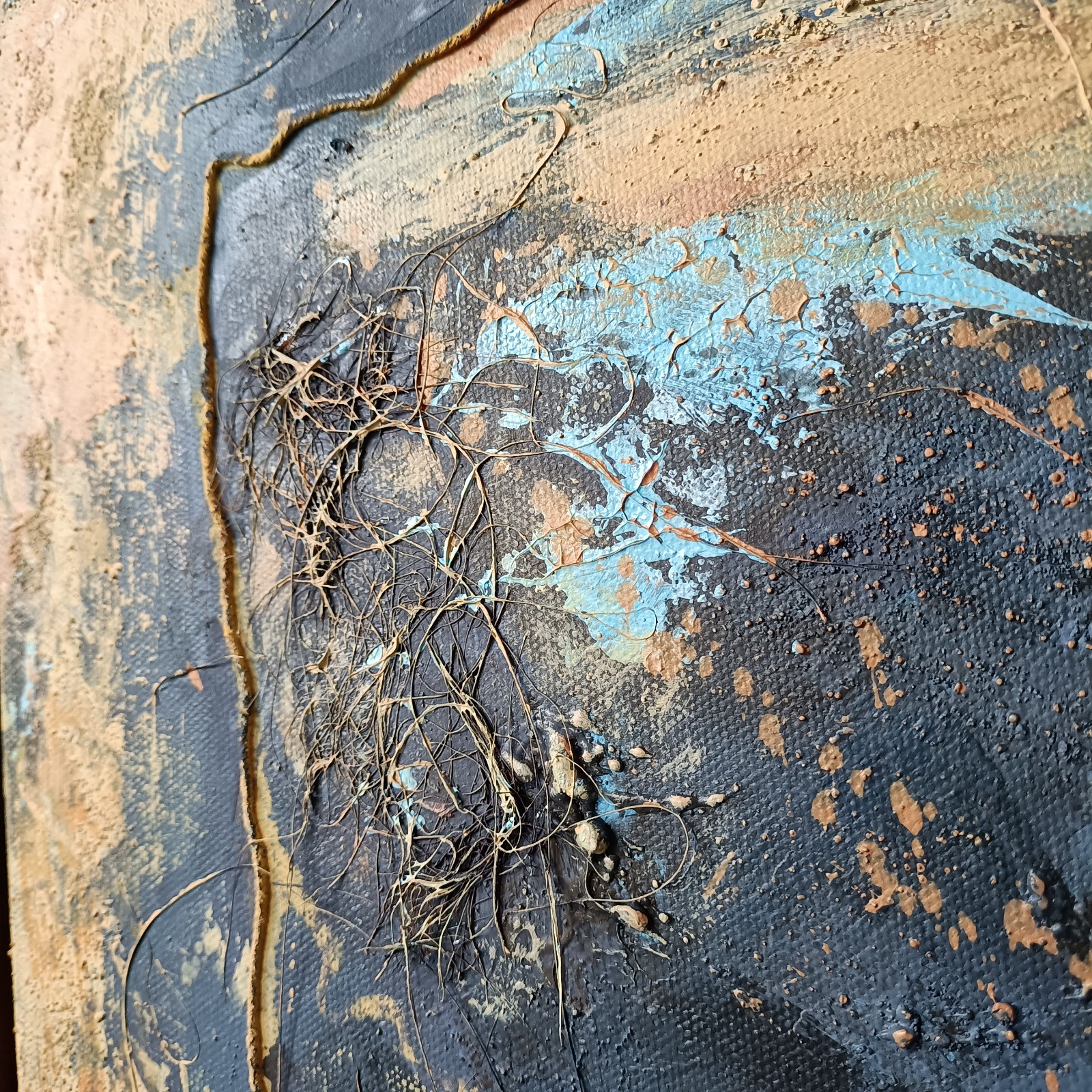 Abstract mixed media schilderij - blauw geel