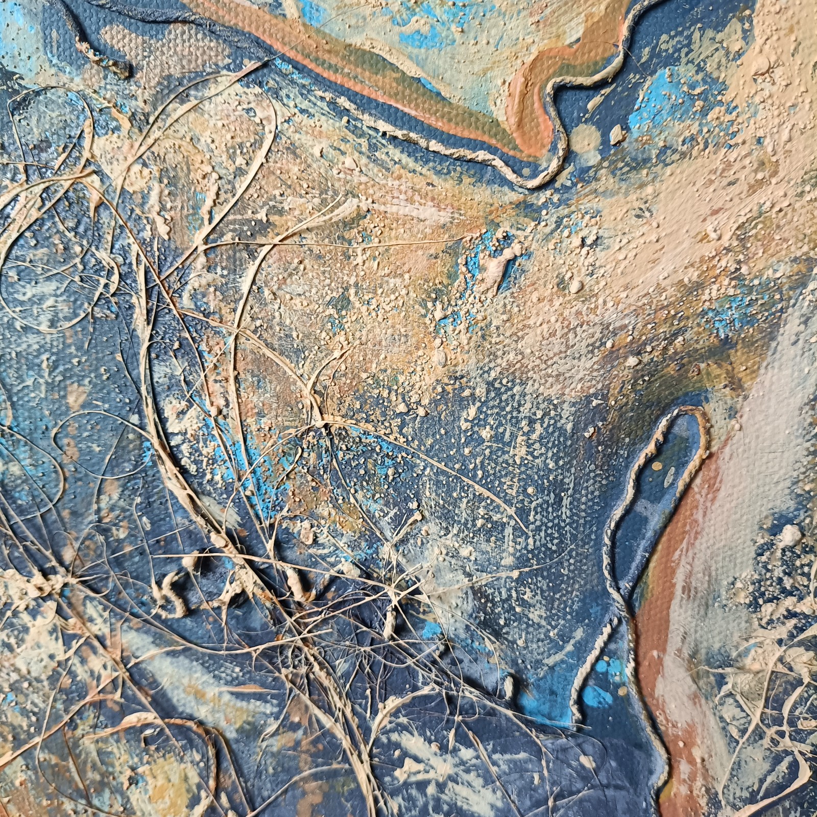 Abstract mixed media schilderij - blauw geel