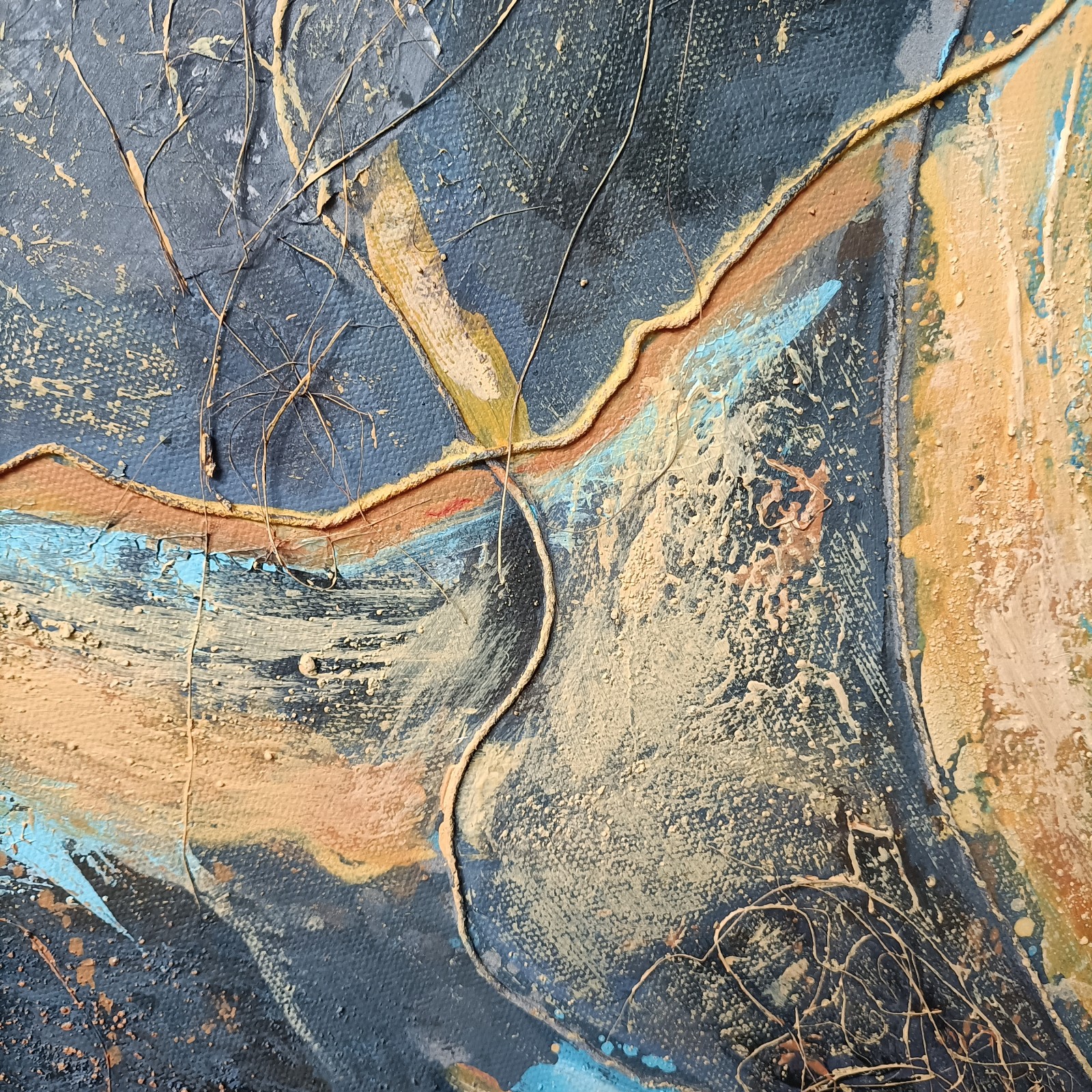 Abstract mixed media schilderij - blauw geel