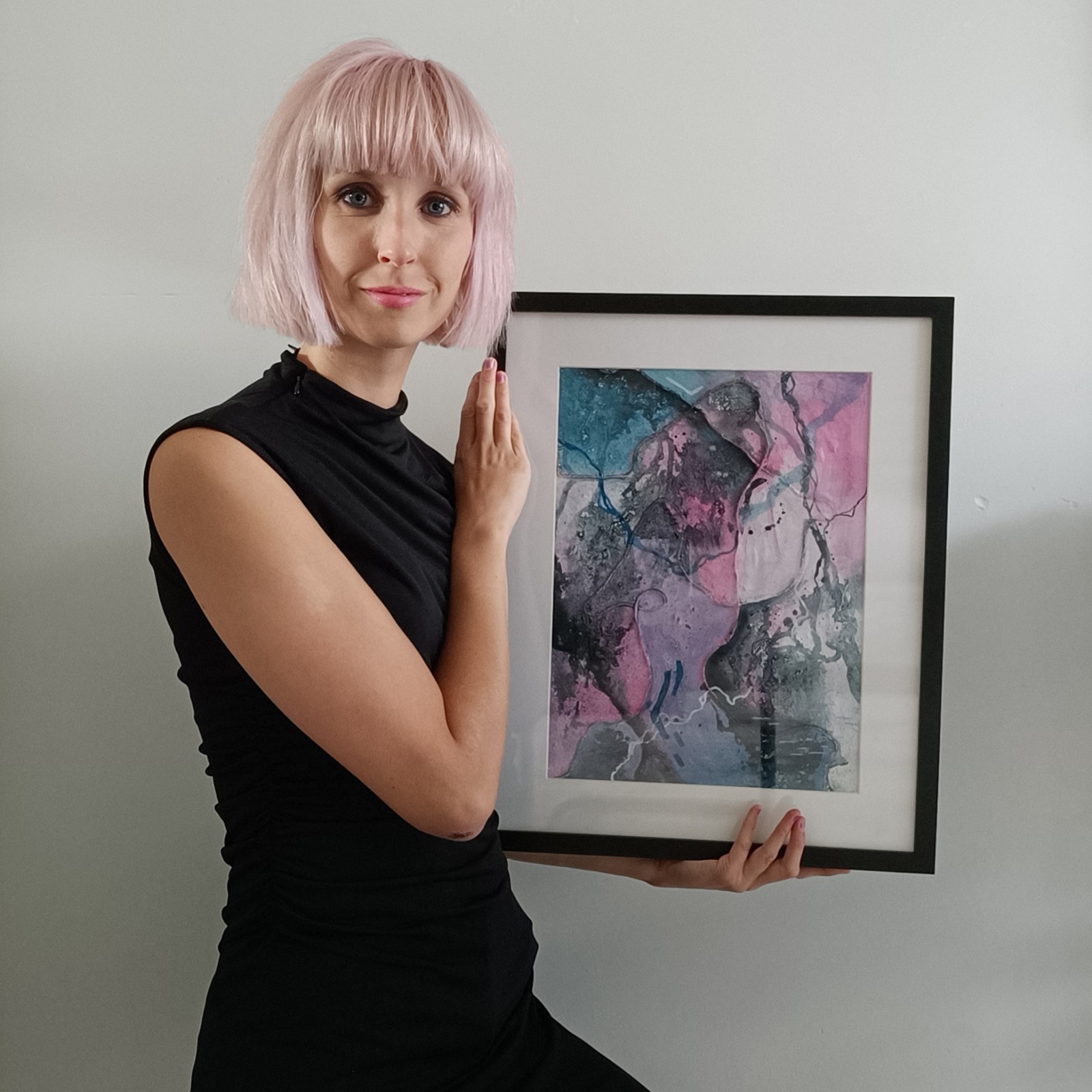 Abstract schilderij - textuur roze zwart blauw - 90210 Abstract schilderij - textuur roze zwart blauw