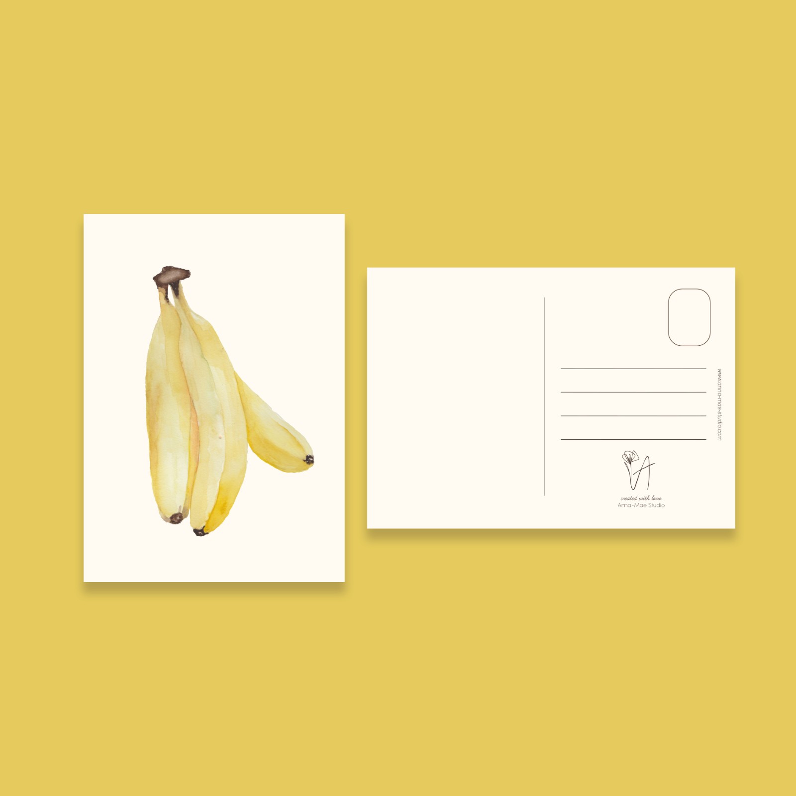 Bananen wenskaart – Handgeschilderde aquarelkaart | Anna-Mae Studio - 90817 Bananen wenskaart – Handgeschilderde aquarelkaart | Anna-Mae Studio