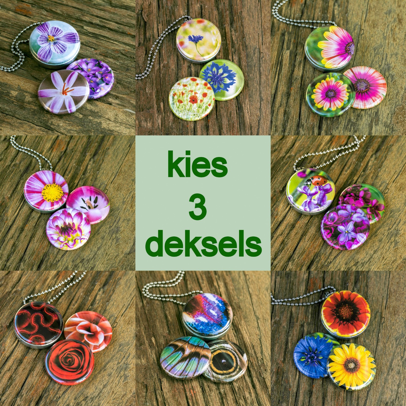 Hanger/ deksel voor Rvs/roesvrij stalen fotomedaillon. Setje met drie nieuwe dekseltjes, dus weer drie nieuwe kettingen.