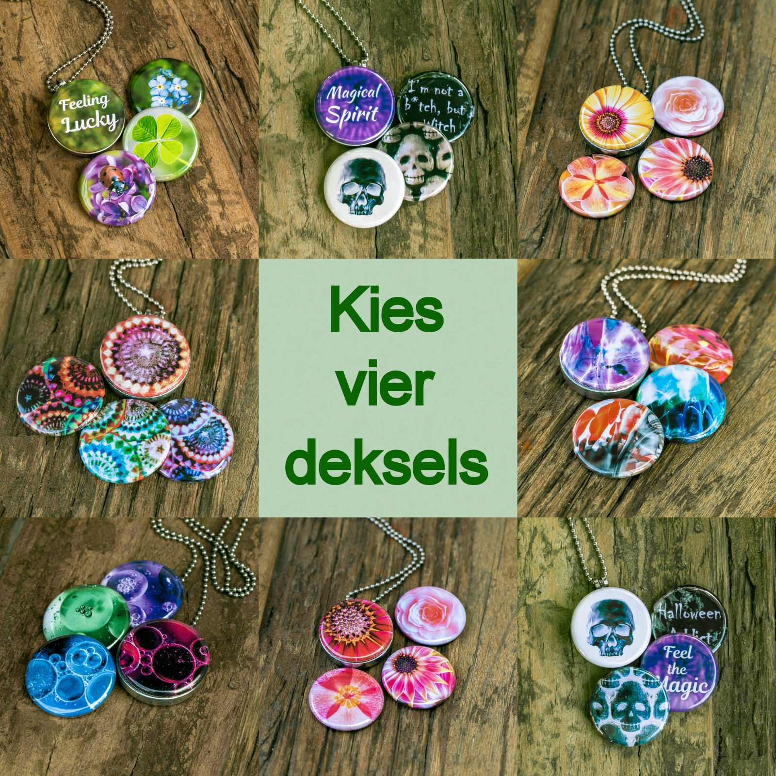 Deksels voor Rvs/roesvrij stalen fotomedaillon. Setje van vier nieuwe dekseltjes,je kunt er dus weer vier nieuwe kettingen van maken!