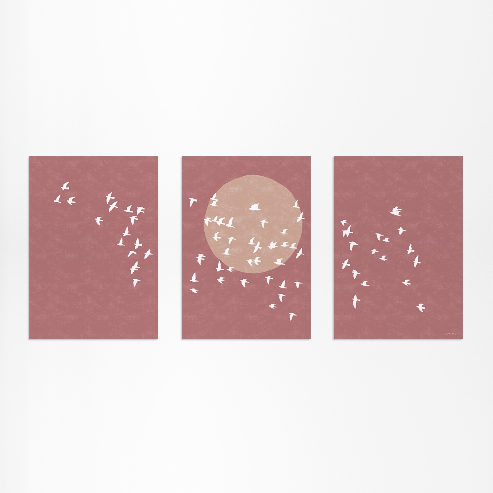 Drieluik Poster Set met Zwerm Vogels & Zon Silhouet - Japandi Style