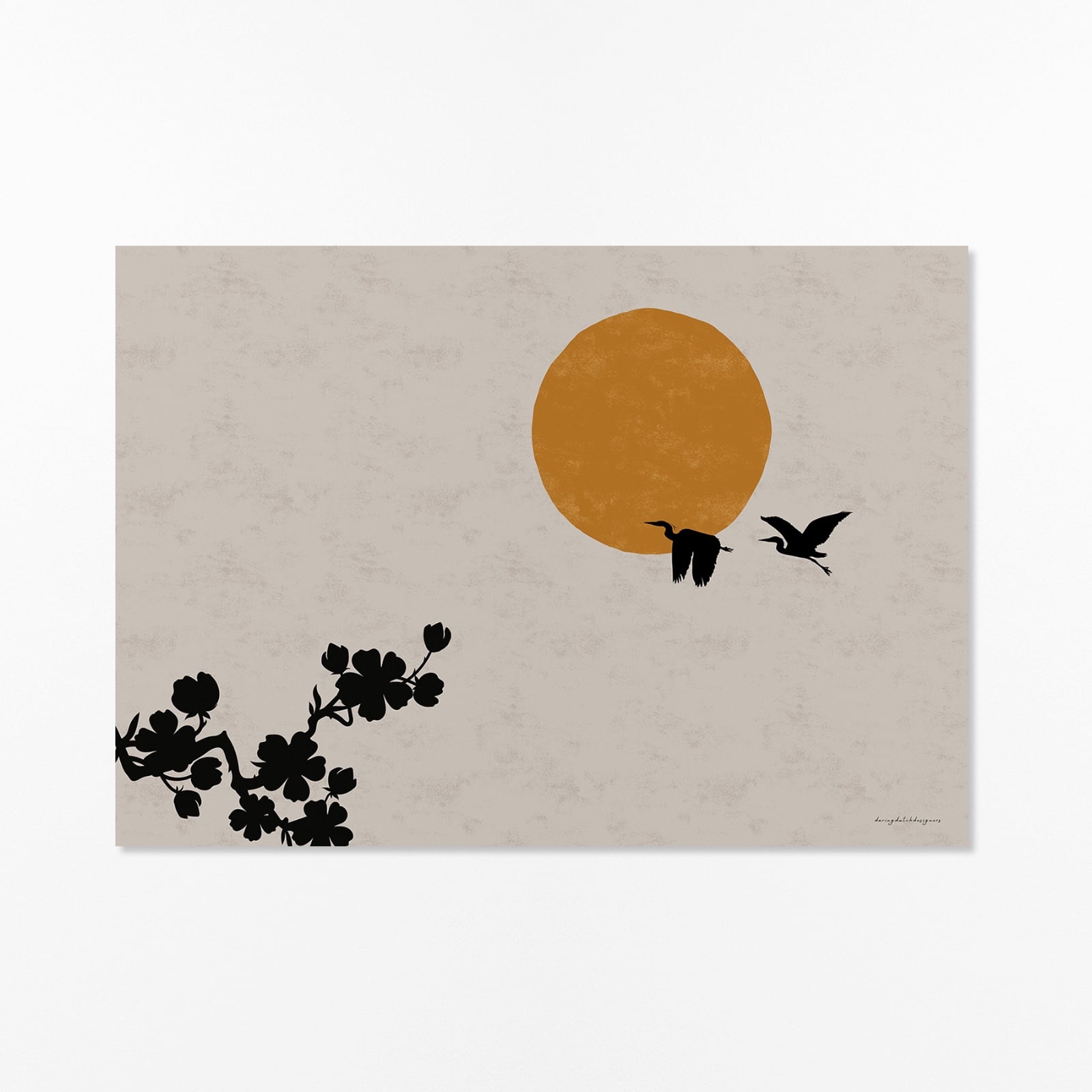 Horizontale Japandi Lente Poster met Reigers, Bloesem en Zon