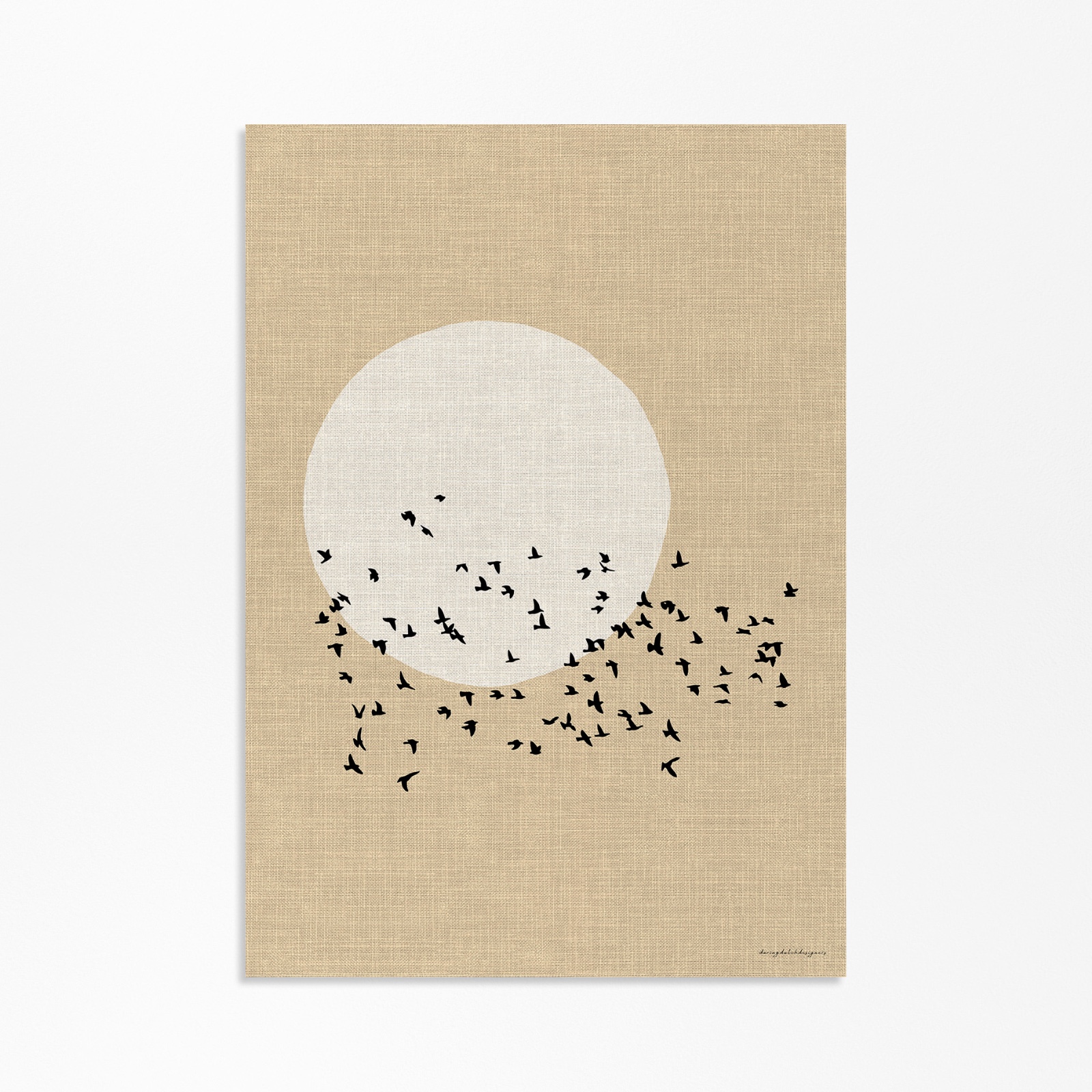 Japandi Wanddecoratie – Poster met Zwerm Vogels & Maan Silhouet