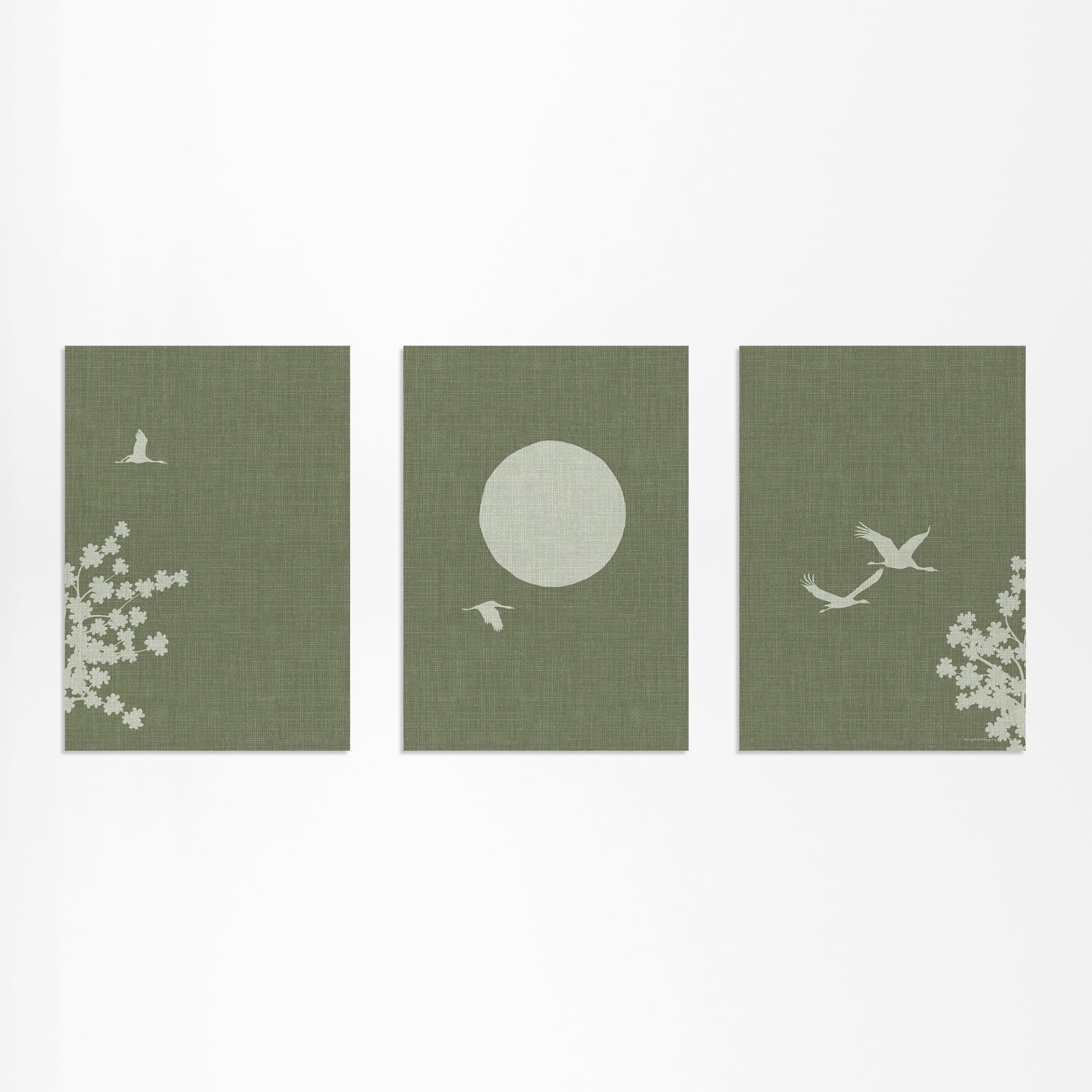 Japandi Wanddecoratie – Set van 3 Posters met Kraanvogels, Zon & Bloese