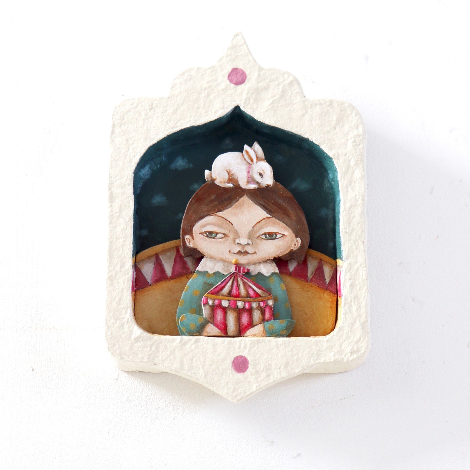 Circusmeisje met Wit Konijn, gelaagde mixed-media schilderij in handg… - 100188 Circusmeisje met Wit Konijn, gelaagde mixed-media schilderij in handgemaakte lijst