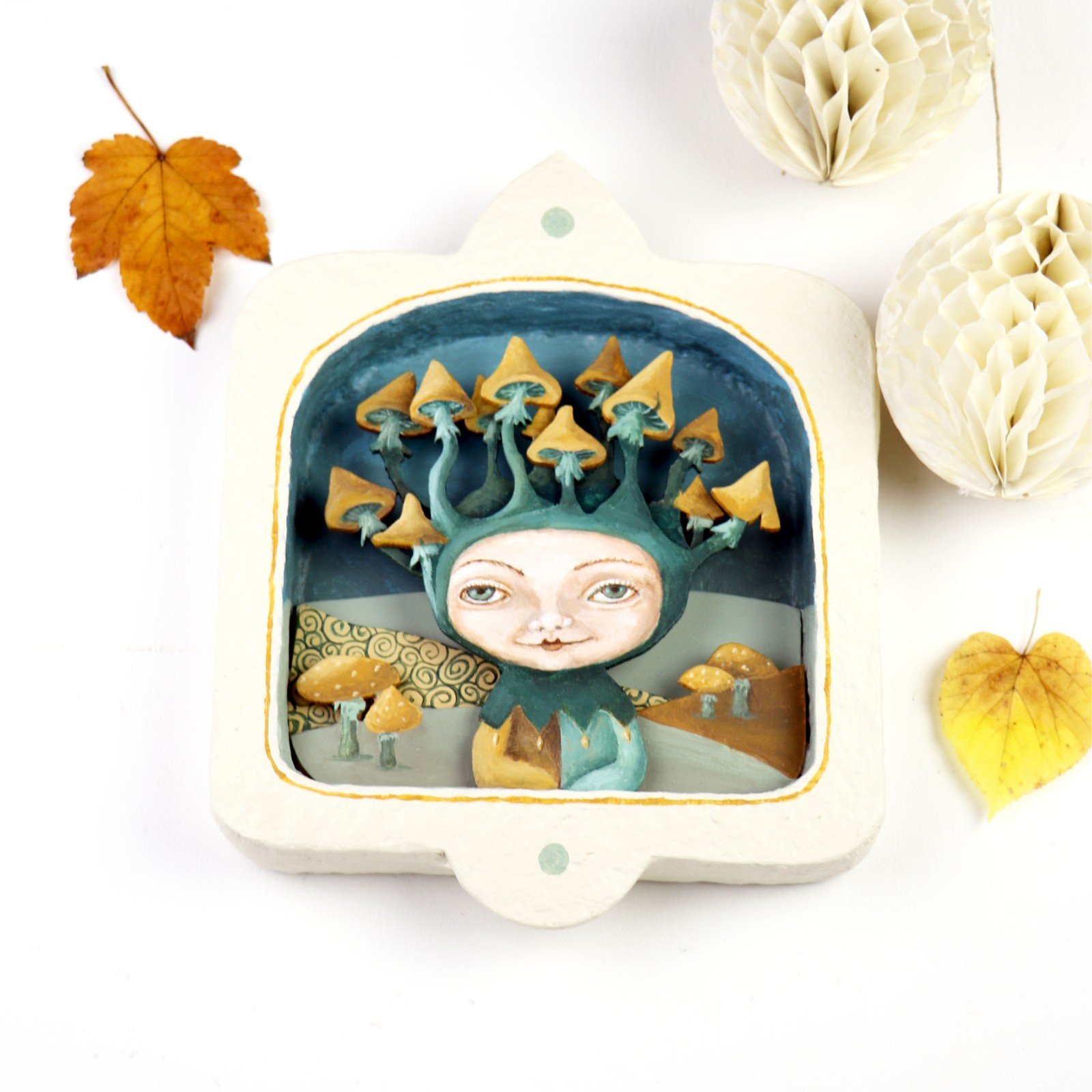 Muur Diorama met Fantasie Figuur Paddenstoelen in Warme Aardtinten 3D… - 99408 Muur Diorama met Fantasie Figuur Paddenstoelen in Warme Aardtinten 3D effect