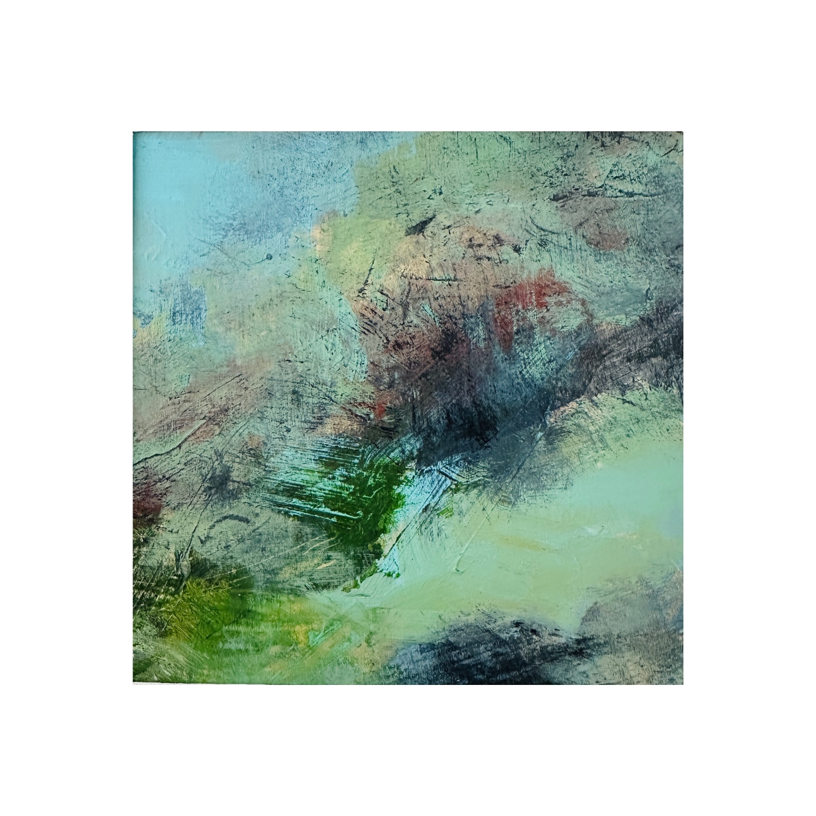 Abstract Schilderij Groen & Zachtgeel – Acryl op Hout 32x32cm – ‘Soft Meadow’