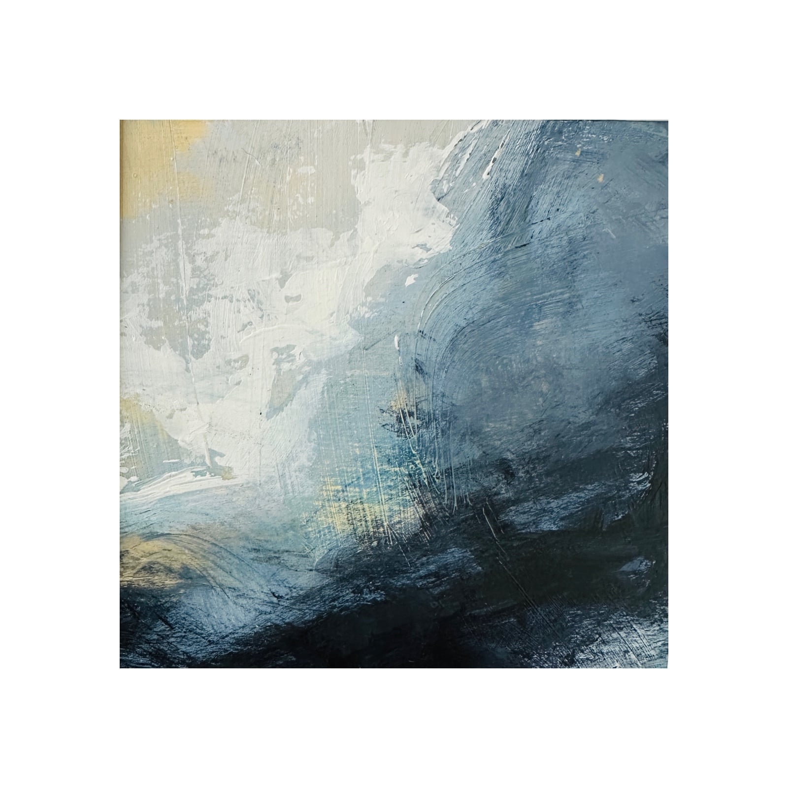 Abstract Schilderij Blauwgrijs & Marine – Acryl op Hout 32x32cm – ‘Storm Whisper’
