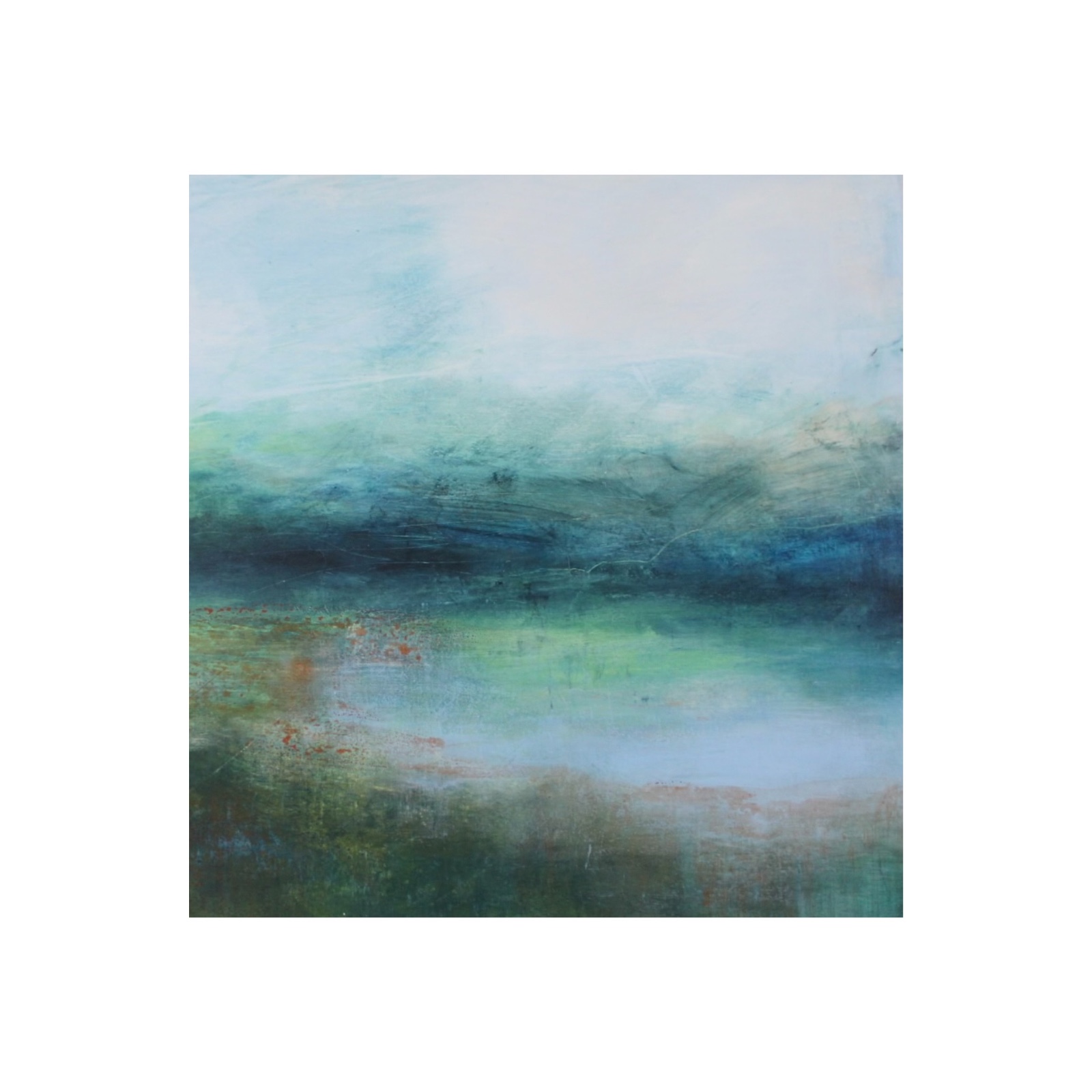 Landschapschilderij Blauw & Lichtgroen – Acryl op Hout 50x50cm – ‘Silent Waters’