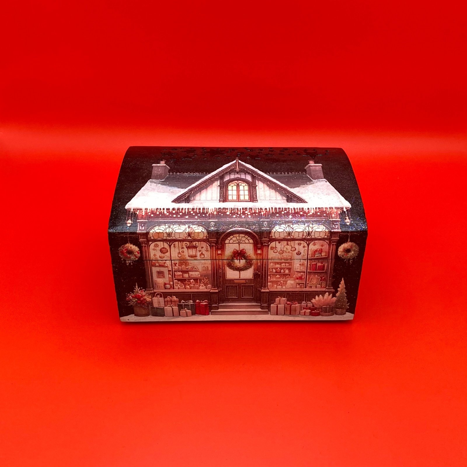 Bamboe sieradendoos ‘Cadeauwinkeltje in Kerstsfeer’