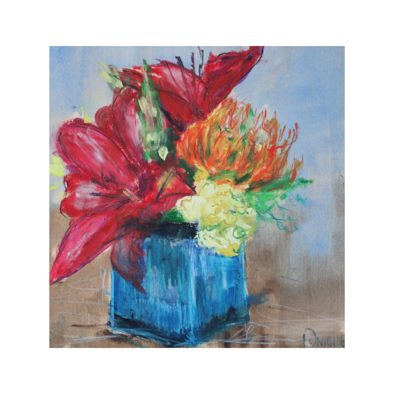 Bloemenschilderij Rood & Oranje – Acryl op Hout 32x32cm – ‘Crimson Bloom’