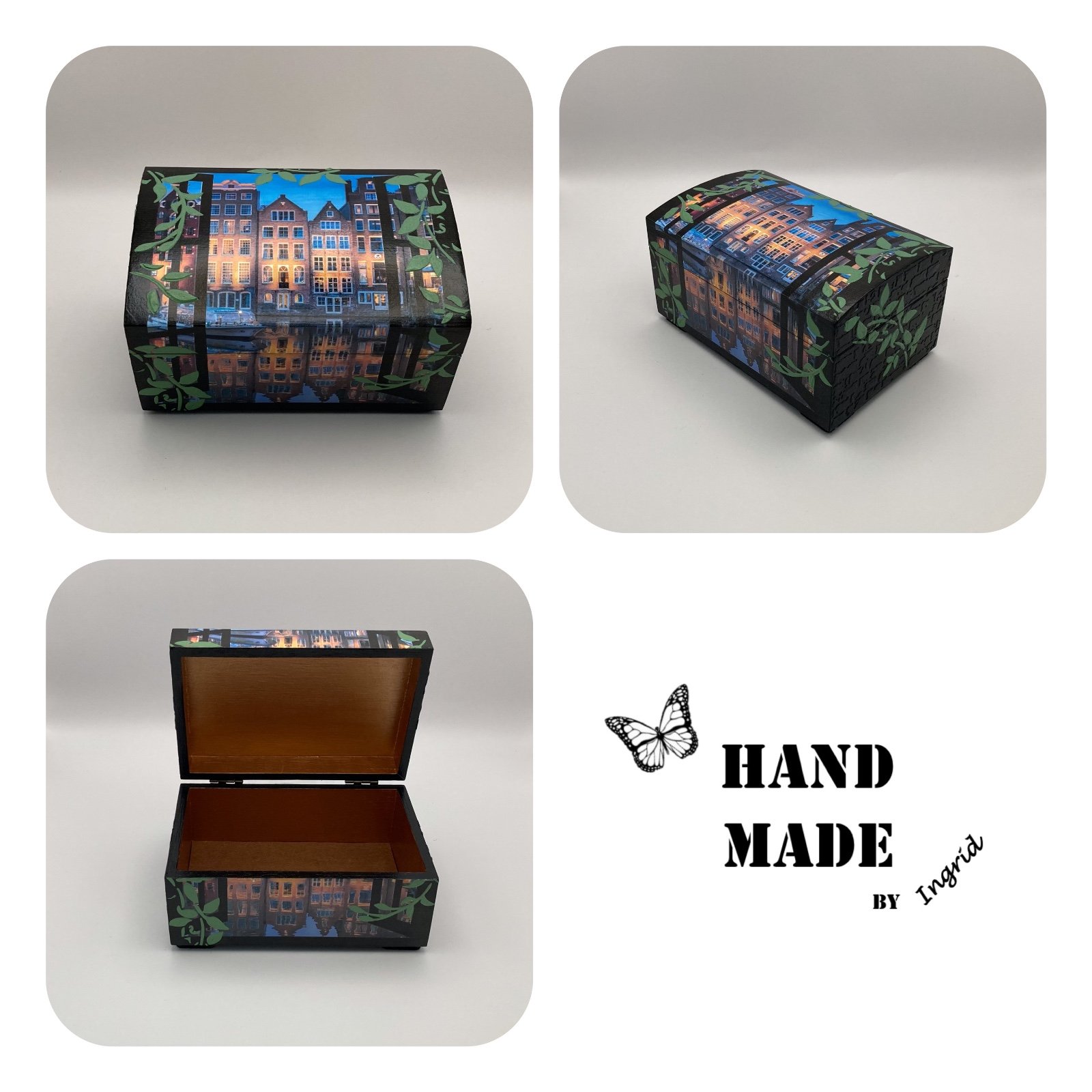 Handgedecoreerde bamboe sieradendoos ‘Amsterdamse grachtenpandjes’