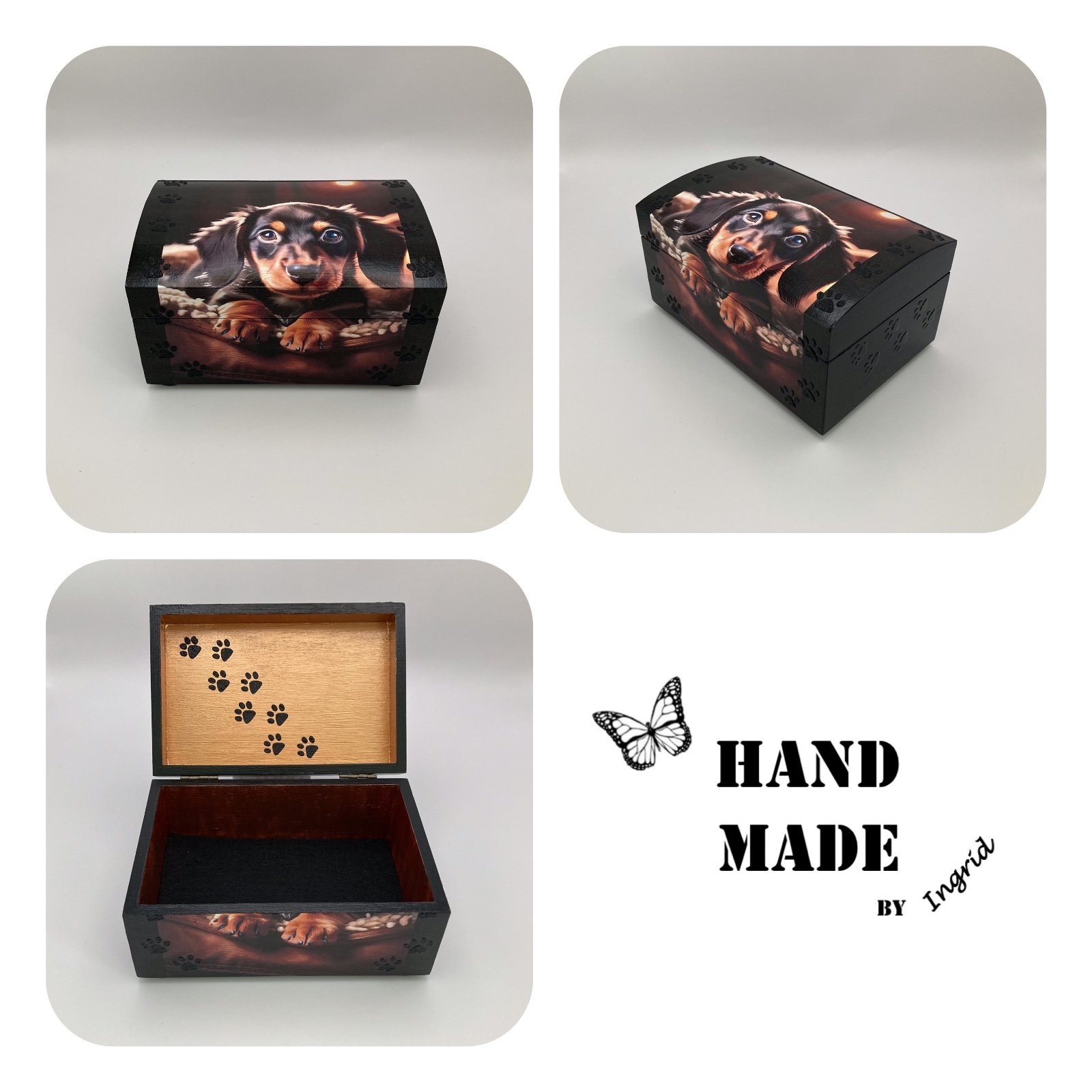 Handgedecoreerde bamboe sieradendoos ‘The Happy Puppy’’