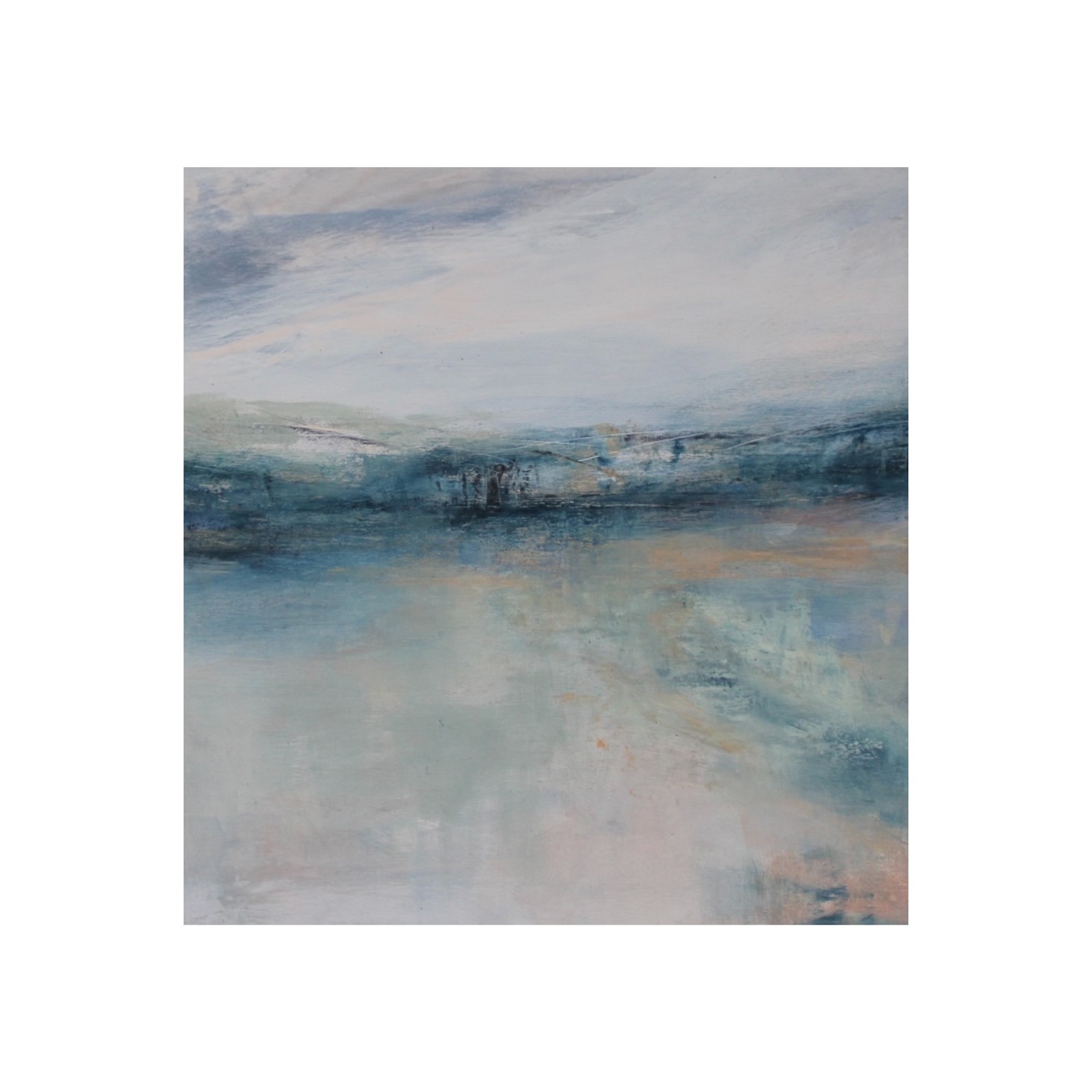 Landschapschilderij Blauw & Beige – Acryl op Hout 50x50cm – ‘Calm Reflections’