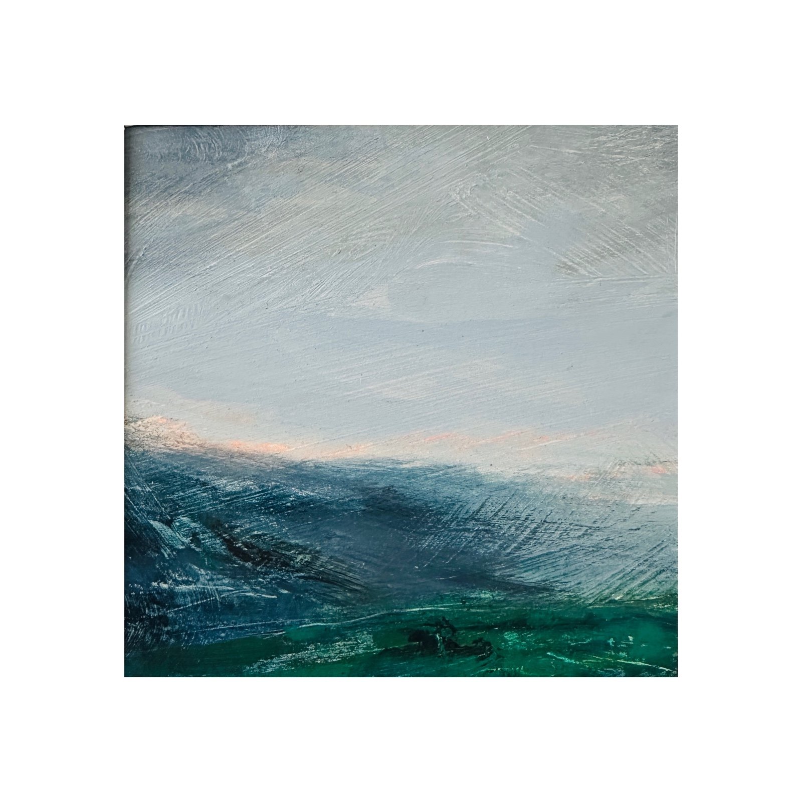 Landschapschilderij Lichtblauw & Turquoise – Acryl op Hout 32x32cm – ‘Silent Morning’
