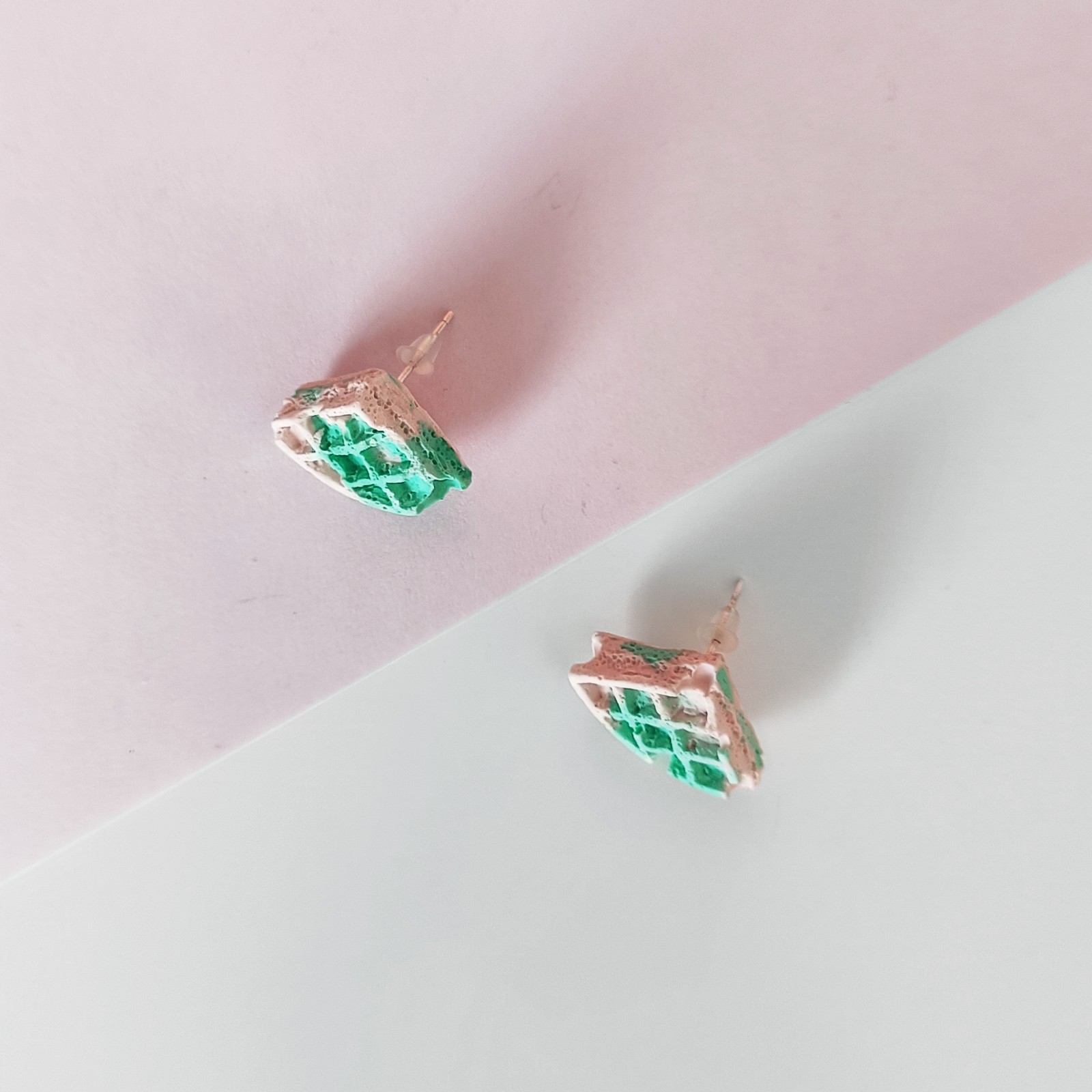 Roze en groene wafel oorbellen - 100835 Roze en groene wafel oorbellen