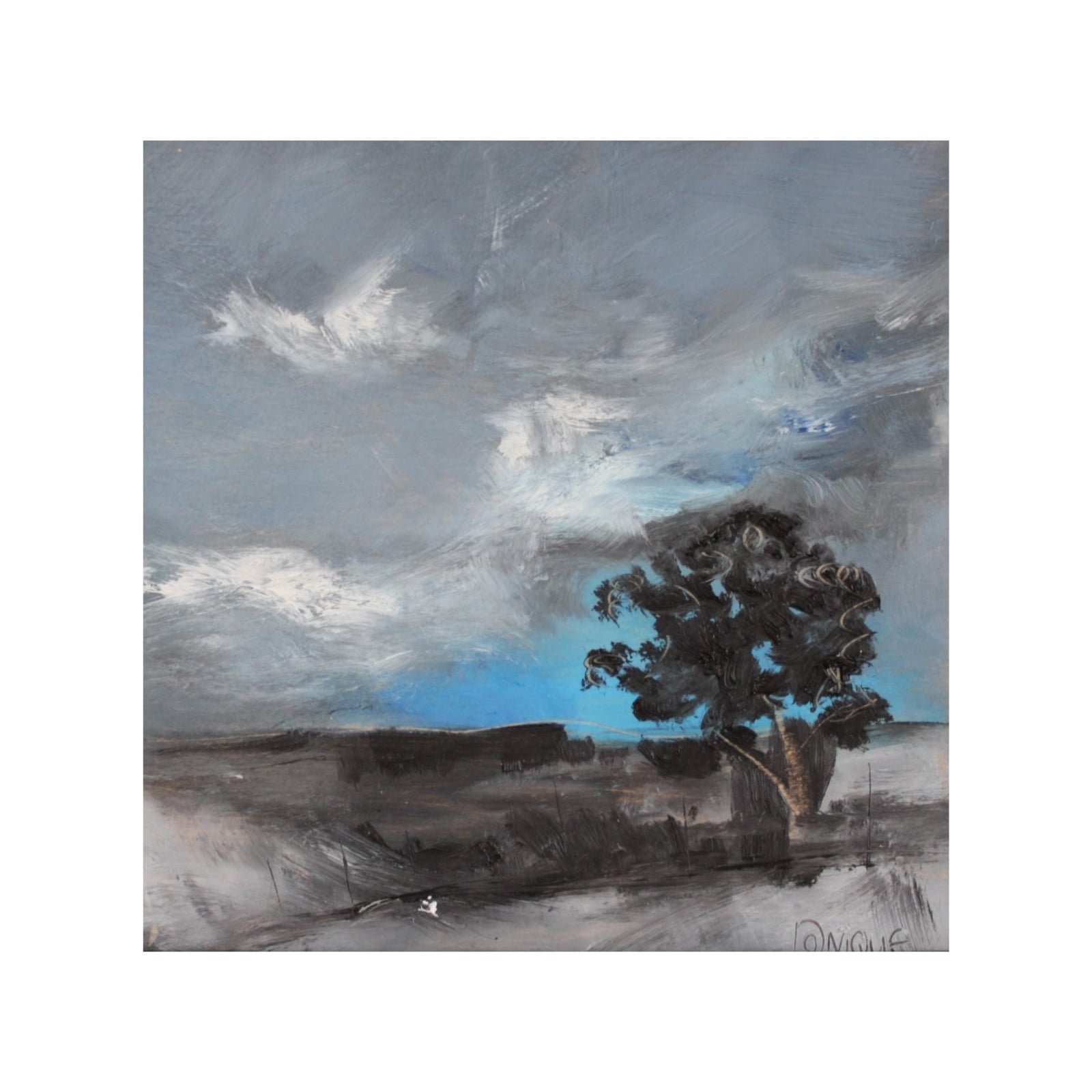 Landschapschilderij Grijs, Blauw & Zwart – Acryl op Hout 32x32cm – ‘Stormbound Tree’