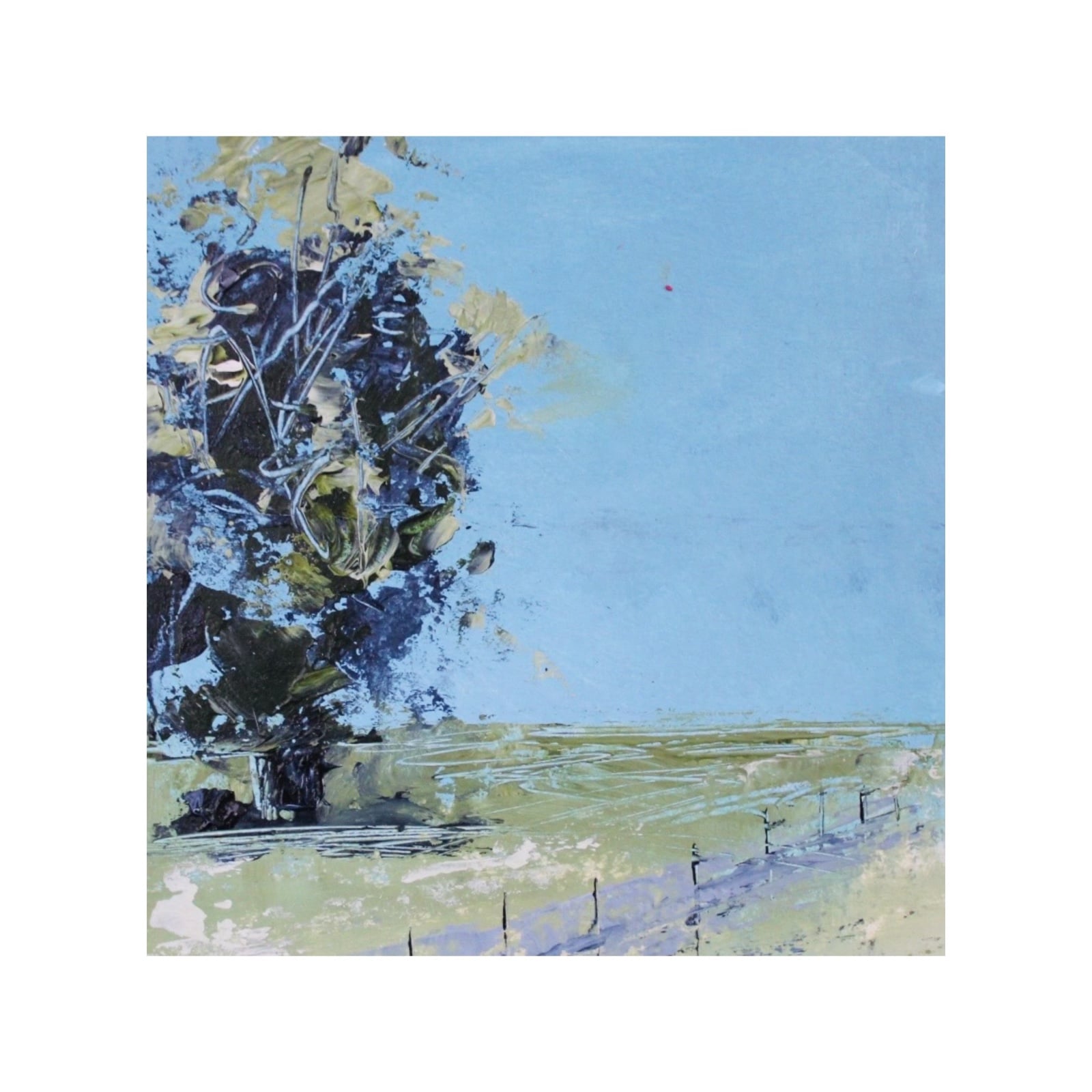 Landschapsschilderij Blauw & Groen – Acryl op papier 32x32cm – ‘Open Field’
