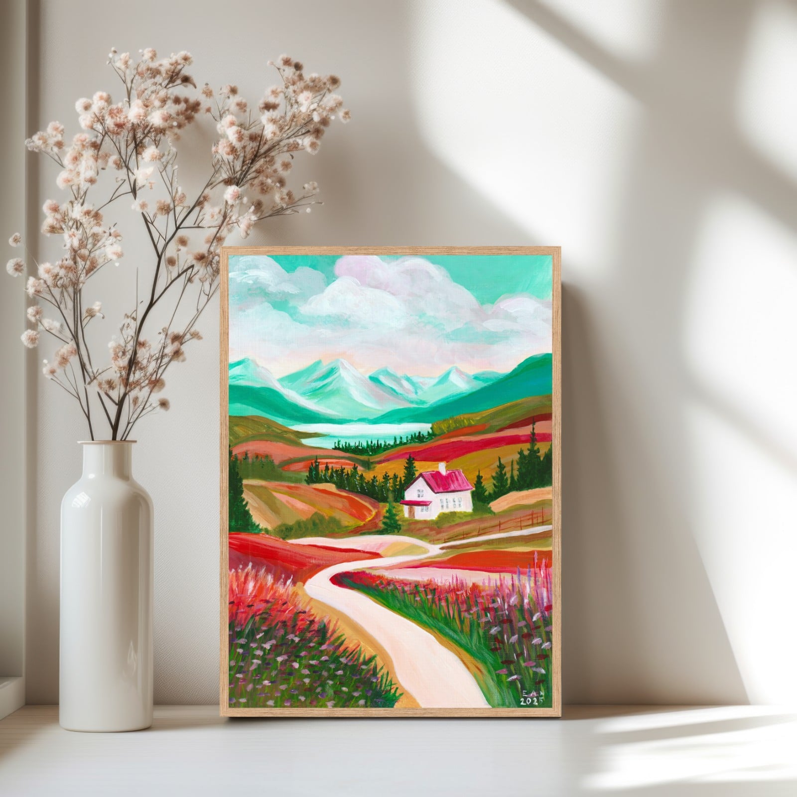 Dream House A4 – Kunstprint berglandschap met huisje