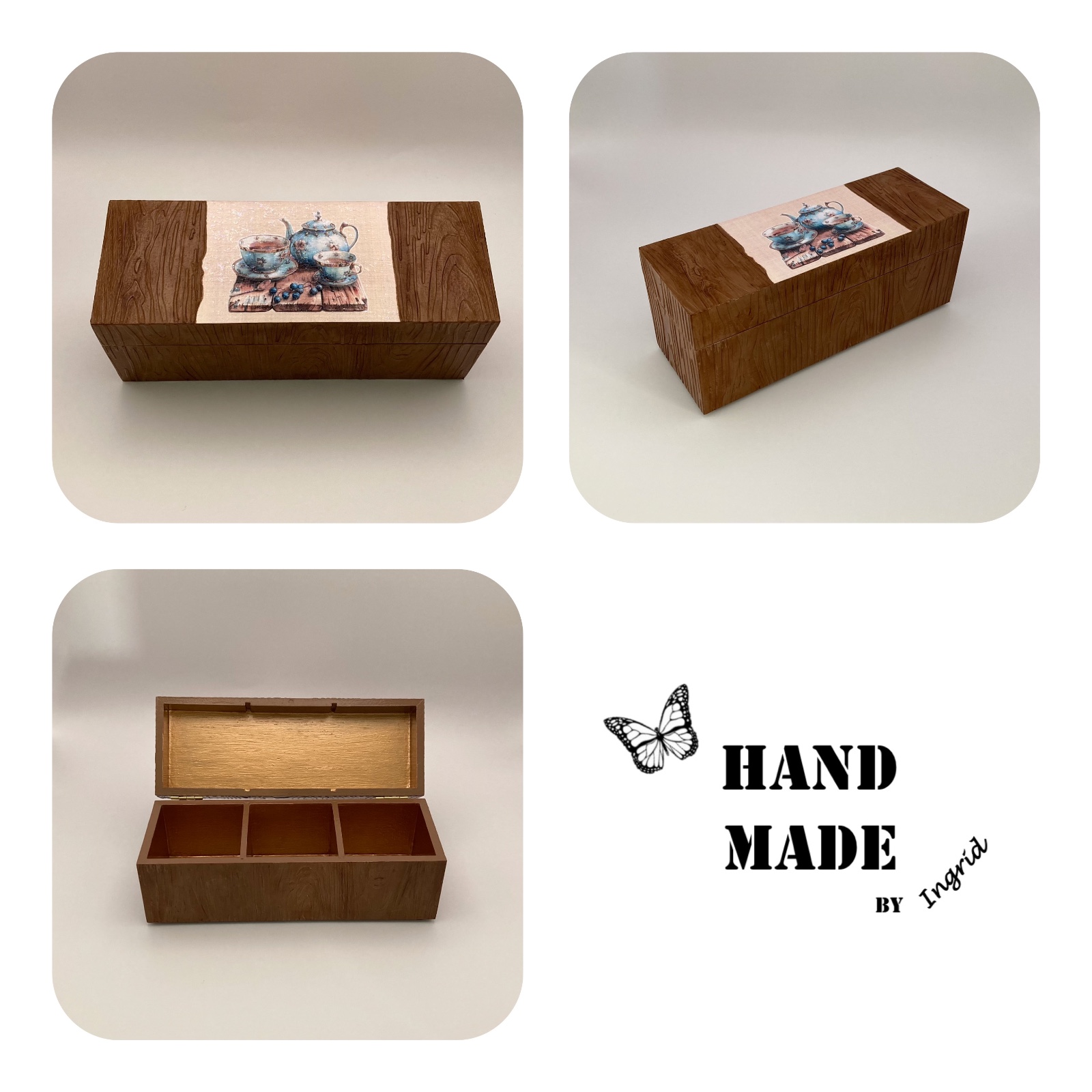 Handgedecoreerd bamboe theekistje met houtnerf look