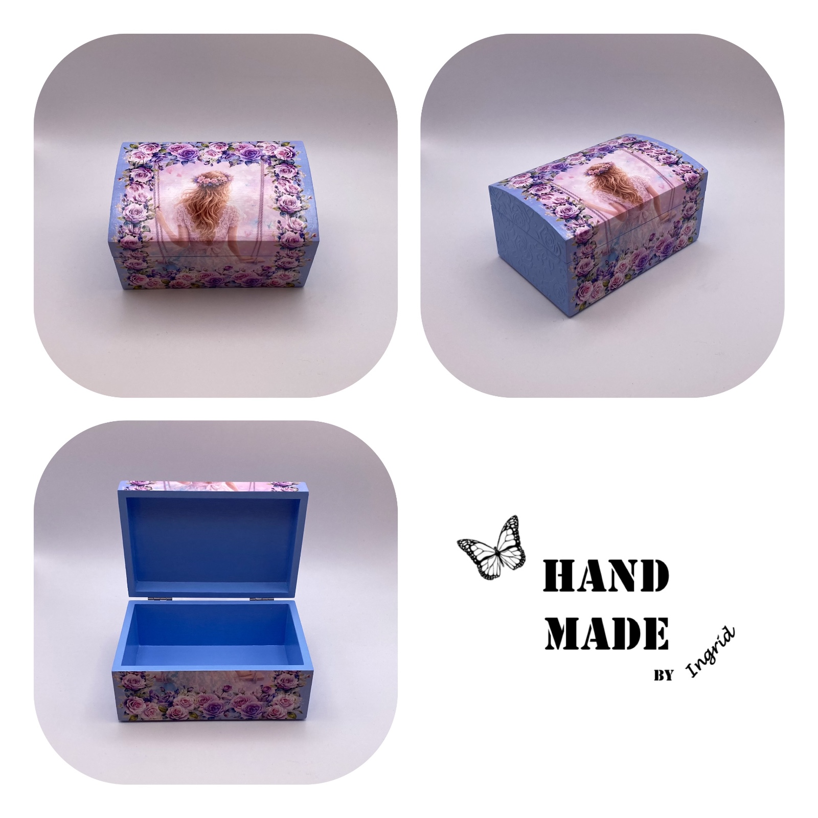 Handgedecoreerde bamboe sieradendoos ‘Girl on a swing’