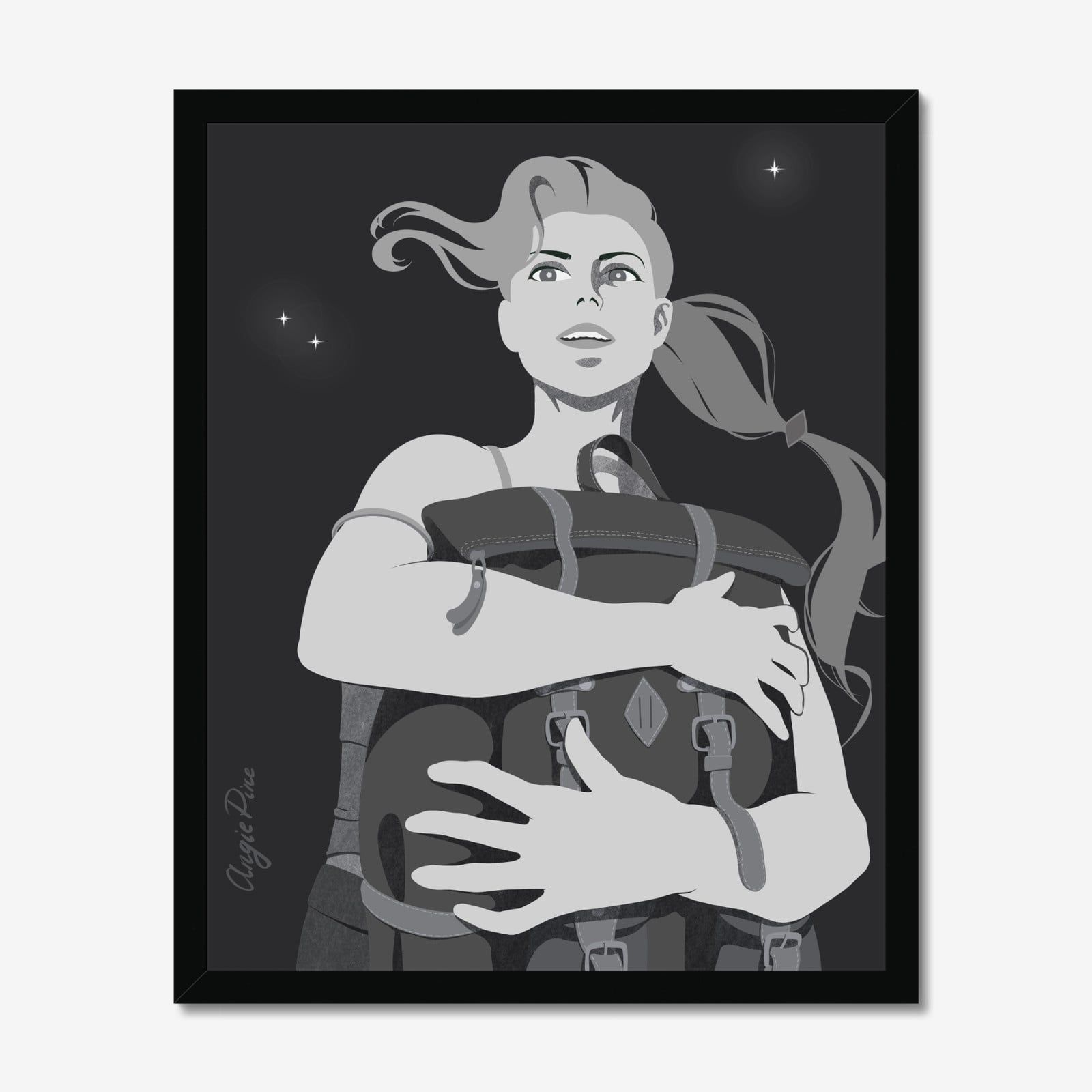 De vrouw met een rugzak: minimalistische zwart-wit kunstprint, 40 x 50 cm, wanddecoratie