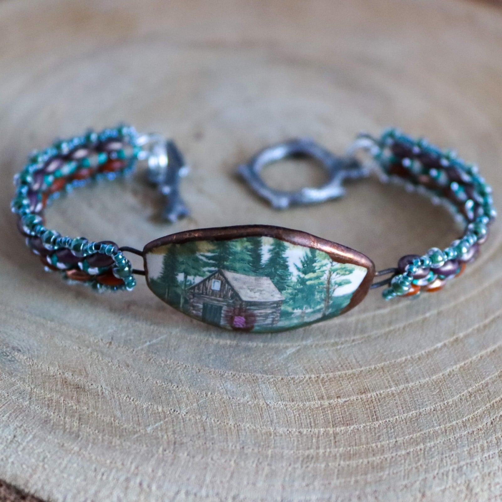 Rust & Natuur, berghut armband met keramiek focal - 118132 Rust & Natuur, berghut armband met keramiek focal