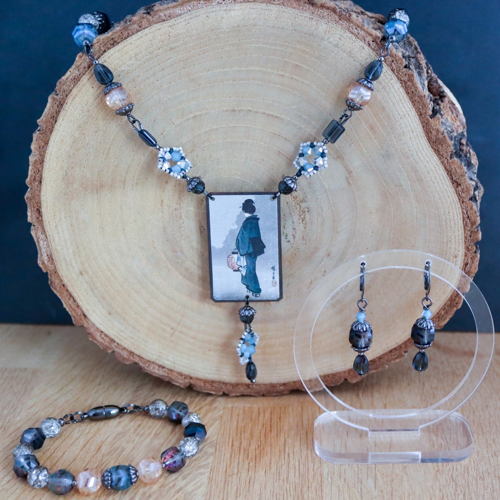 Ukiyo & Traditie, Japanse kunst sieradenset met geisha focal