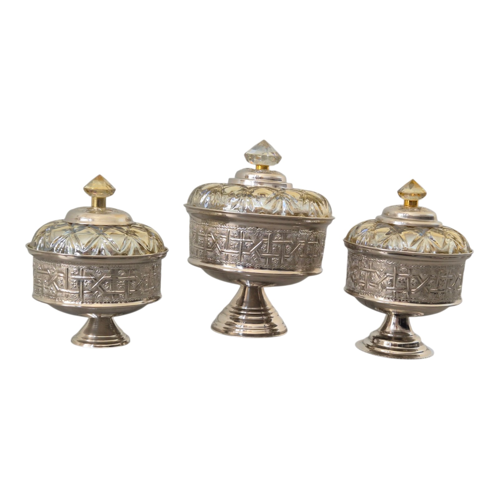 Handmade Moroccan Candy Bowl Set of 3-Silver metal and crystal glass lid with gold knob-Engraved base Bonbonniere -Luxury vintage gift .