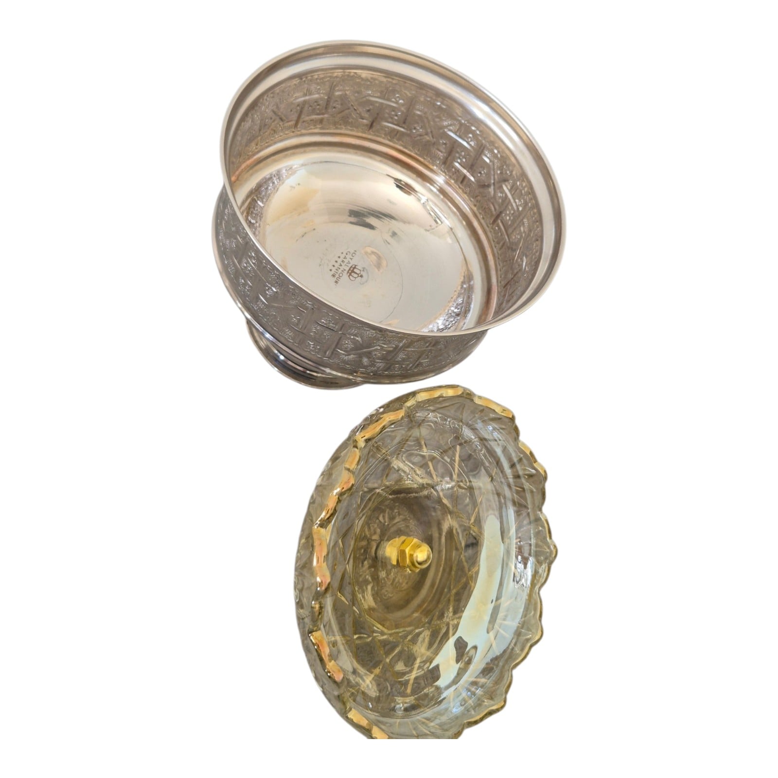 Handmade Moroccan Candy Bowl Set of 3-Silver metal and crystal glass lid with gold knob-Engraved base Bonbonniere -Luxury vintage gift .