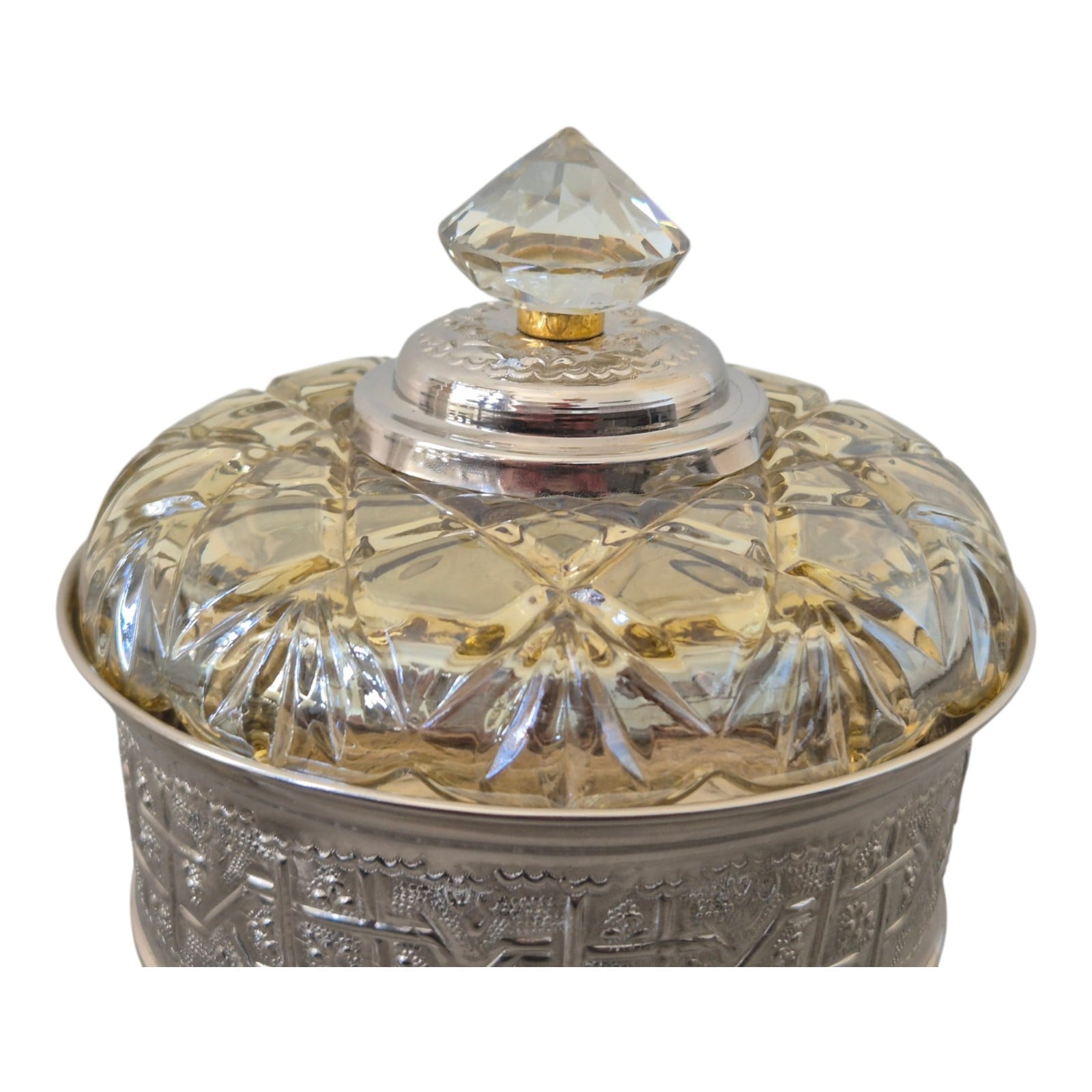 Handmade Moroccan Candy Bowl Set of 3-Silver metal and crystal glass lid with gold knob-Engraved base Bonbonniere -Luxury vintage gift .