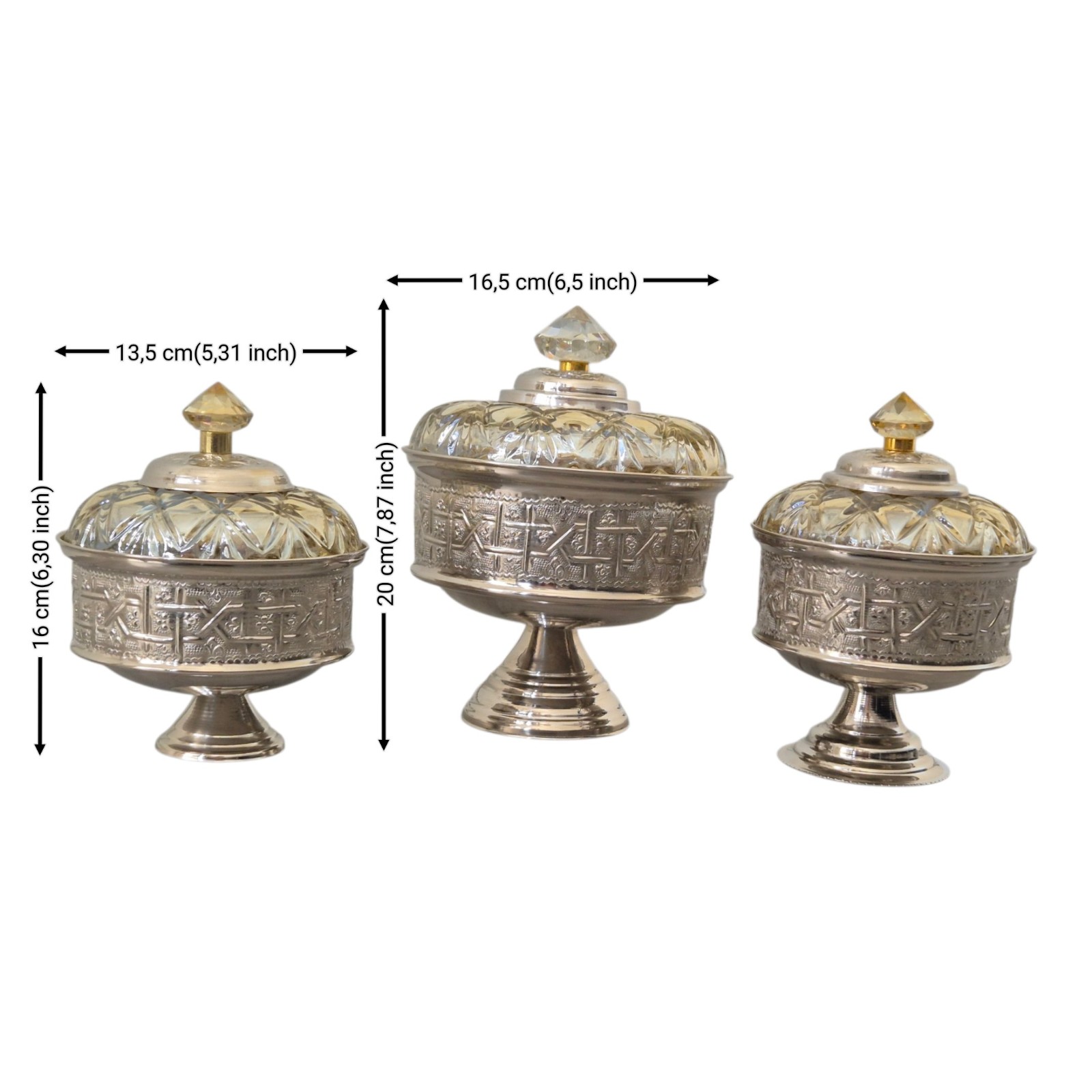Handmade Moroccan Candy Bowl Set of 3-Silver metal and crystal glass lid with gold knob-Engraved base Bonbonniere -Luxury vintage gift .