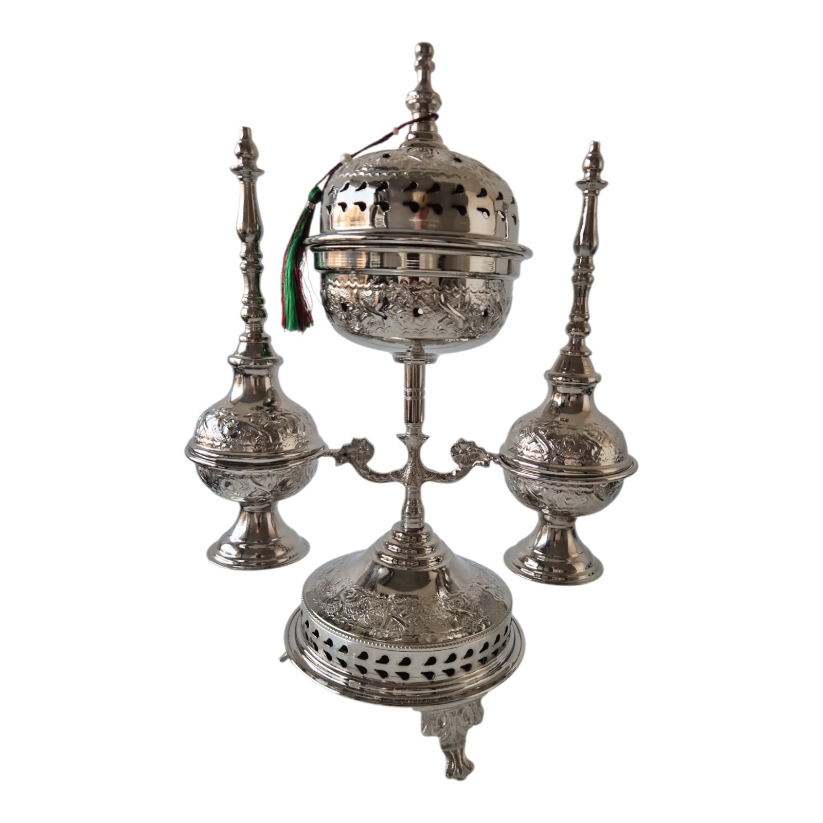 Moroccan Ritual Set 2 Handcrafted Brass Mricha Rose Water Sprinklers, Silver Fez Bakhoor Burner, Traditional Bakhoor, Unique Spiritual Gift