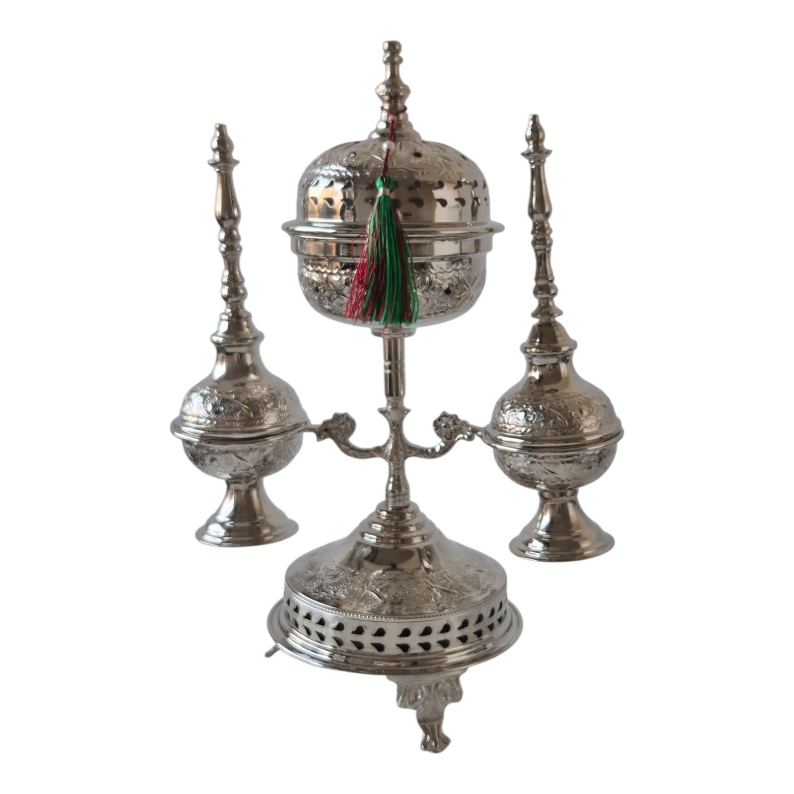 Moroccan Ritual Set 2 Handcrafted Brass Mricha Rose Water Sprinklers, Silver Fez Bakhoor Burner, Traditional Bakhoor, Unique Spiritual Gift
