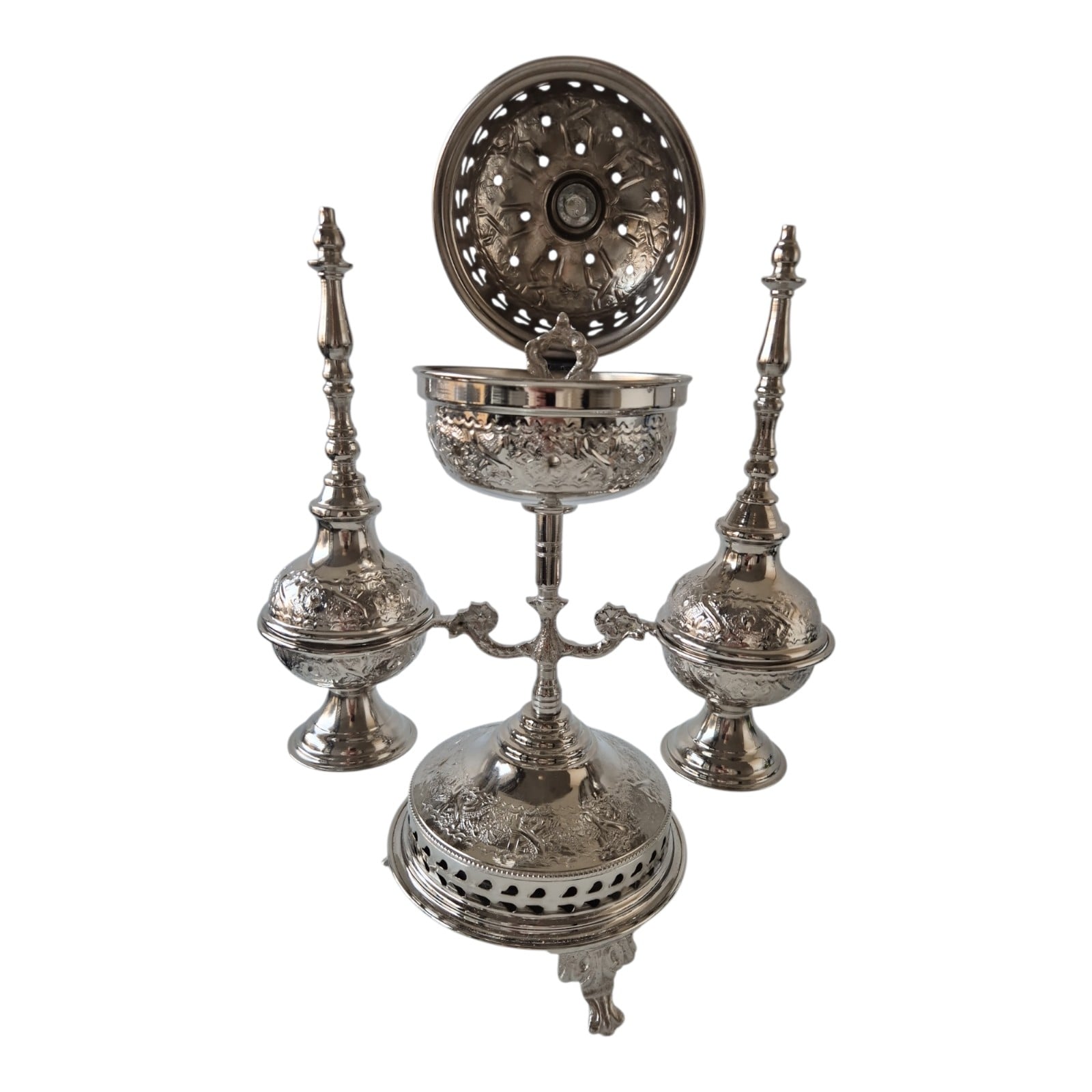 Moroccan Ritual Set 2 Handcrafted Brass Mricha Rose Water Sprinklers, Silver Fez Bakhoor Burner, Traditional Bakhoor, Unique Spiritual Gift