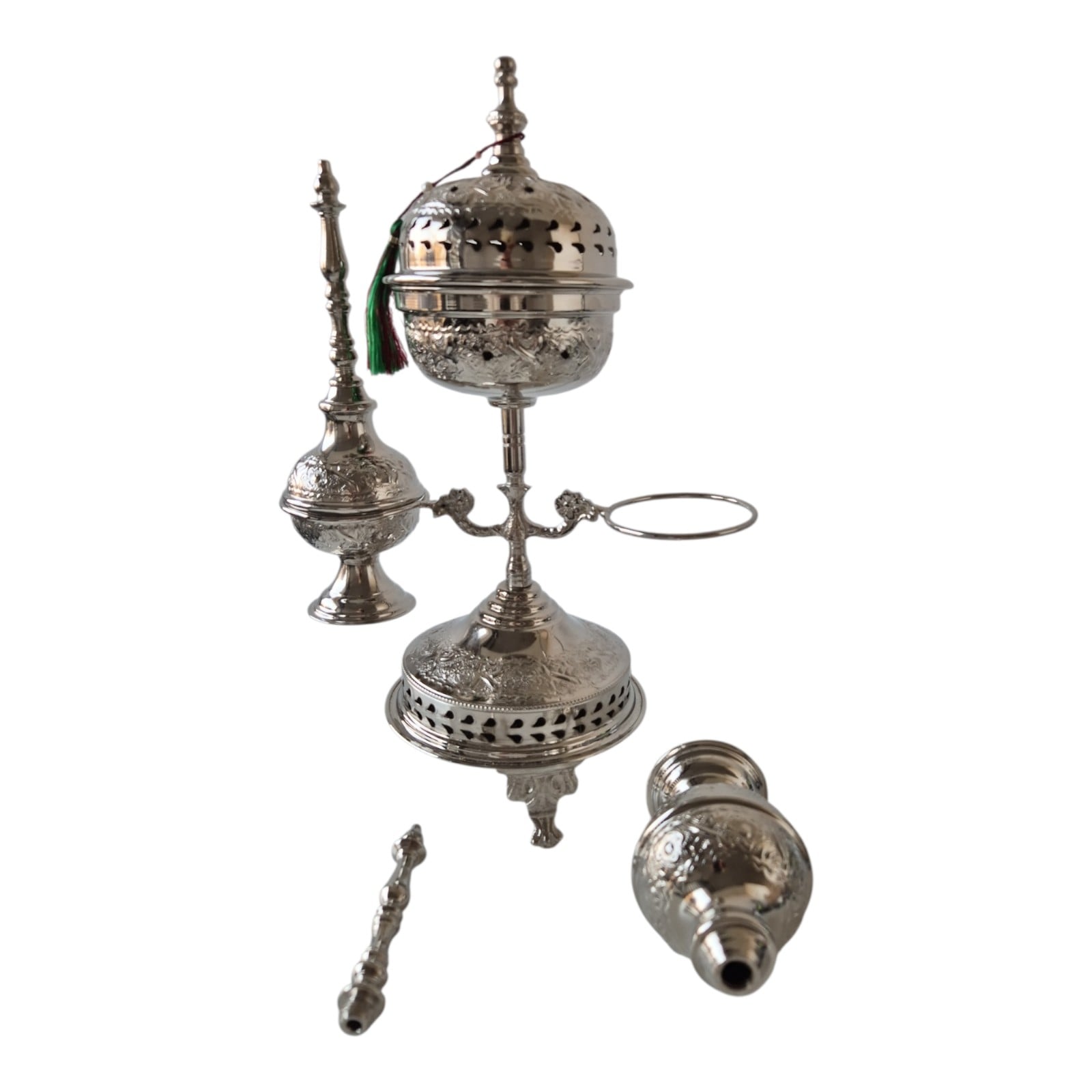 Moroccan Ritual Set 2 Handcrafted Brass Mricha Rose Water Sprinklers, Silver Fez Bakhoor Burner, Traditional Bakhoor, Unique Spiritual Gift