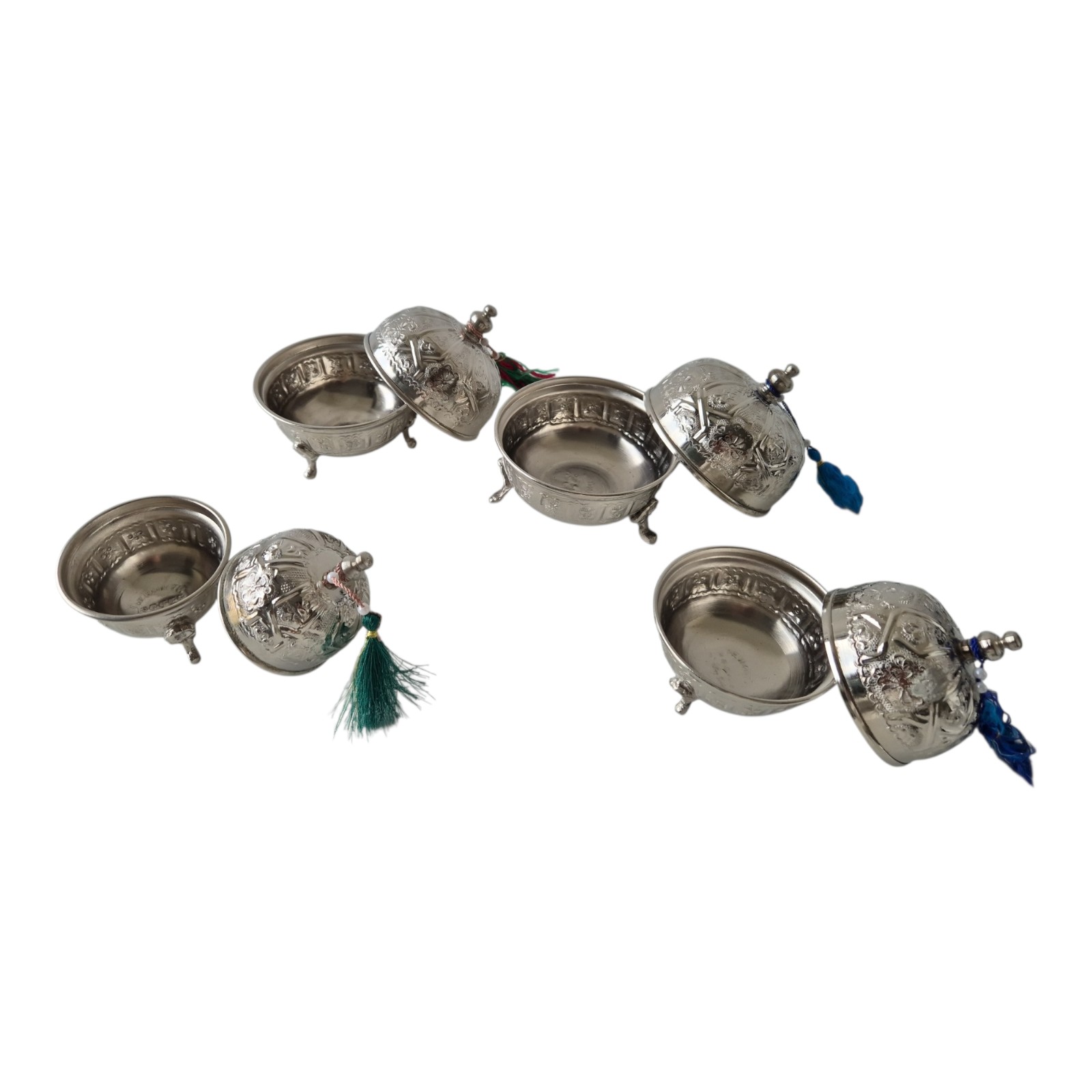 Set of 4 Handmade Moroccan Sugar Bowls with Lid – Silver Plated Bra… - 132043 Set of 4 Handmade Moroccan Sugar Bowls with Lid – Silver Plated Brass – Andalusian Tea Container – Vintage Decor.