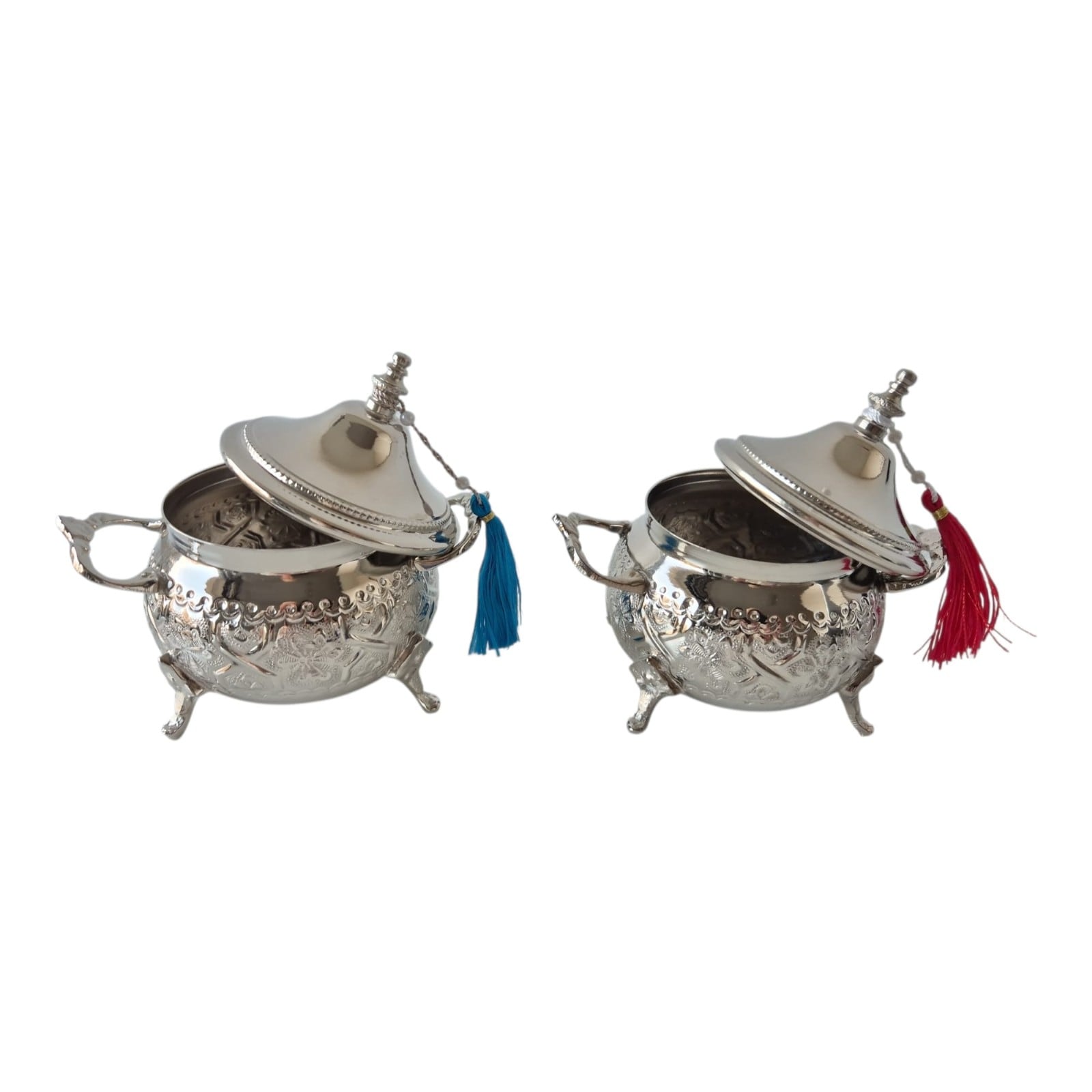 Set of 4 Handmade Moroccan Sugar Bowls with Lid – Silver Plated Bra… - 132046 Set of 4 Handmade Moroccan Sugar Bowls with Lid – Silver Plated Brass – Andalusian Tea Container – Vintage Decor.